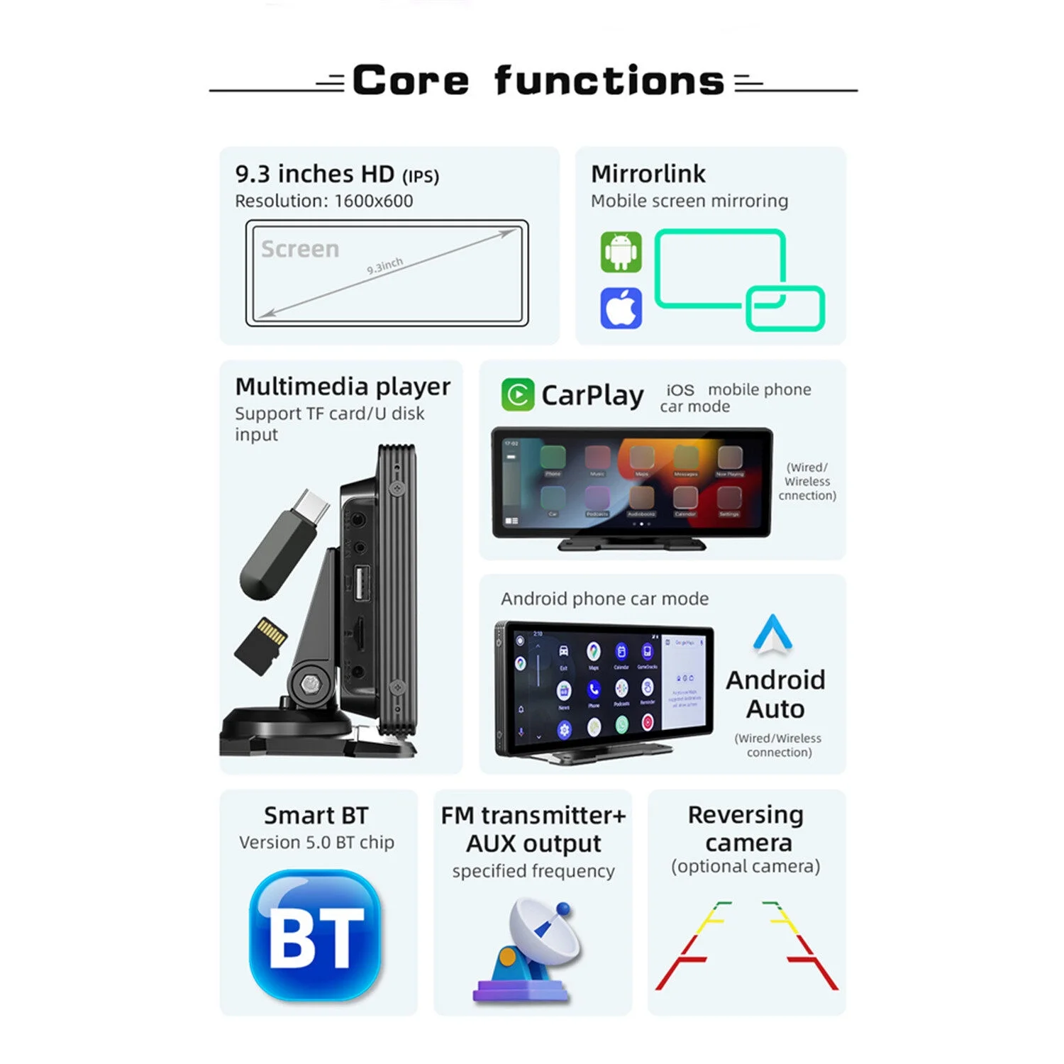 9.3 Inch Car Stereo MP5 Player BT Hands-Free Calling Support Carplay Android Auto Phone Link Reversing Assist U-Disk/TF Card with Adjustable Bracket