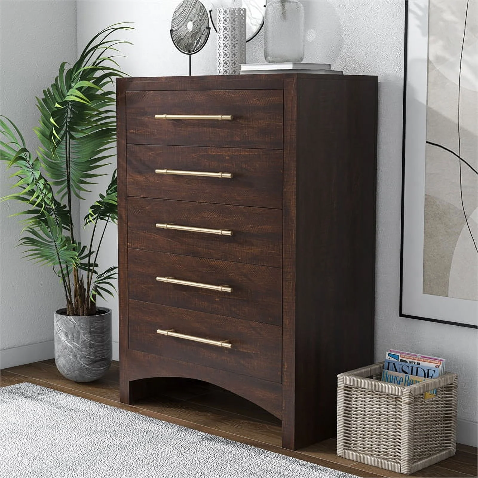 Home Square 3-Piece Set with 2 Nightstands and 5-Drawer Chest in Walnut