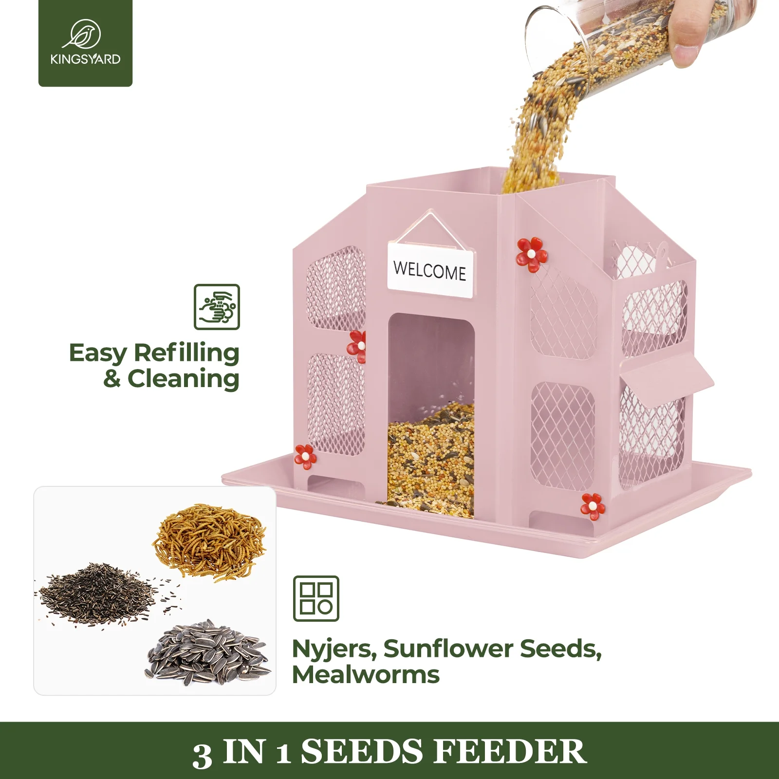 Kingsyard All Metal Bird Feeder for Outdoors Hanging, Metal Mesh Bird Feeder for Finches Cardinals Chickadees, Pink