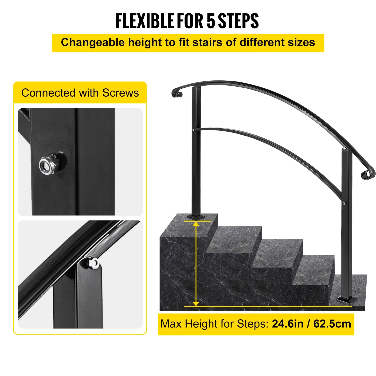 BENTISM 5FT Adjustable Wrought iron Transition Handrail Matte Black Fits 5 Steps