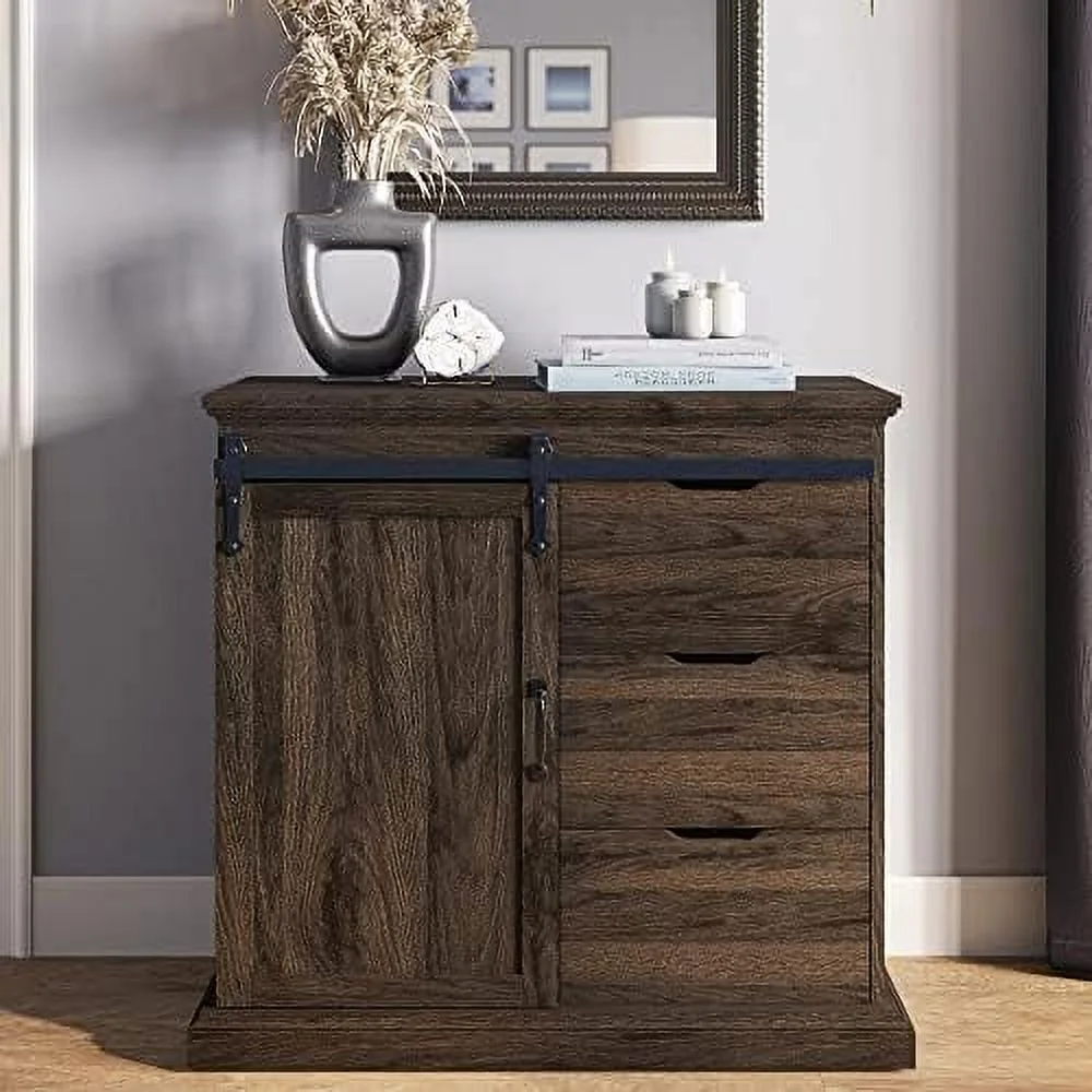 JDZHAPPYLIFE Sideboard Buffet Cabinet with  Console Table Coffee   Cabinet with 1 Sliding Barn Door and 3 Drawers for Living Room Kitchen Dinning Room  Dark Walnut-31.5" L x15.7 Wx31.