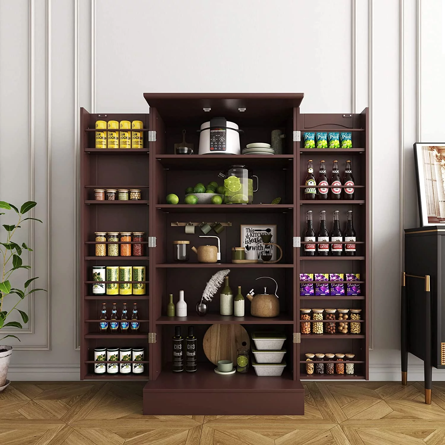 47” Pantry Cabinet, Kitchen Pantry Storage Cabinet with Doors & Adjustable Shelves, Brown Freestanding Buffet Cupboards Sideboard for Living Room and Dinning Room, Sturdy and Durable