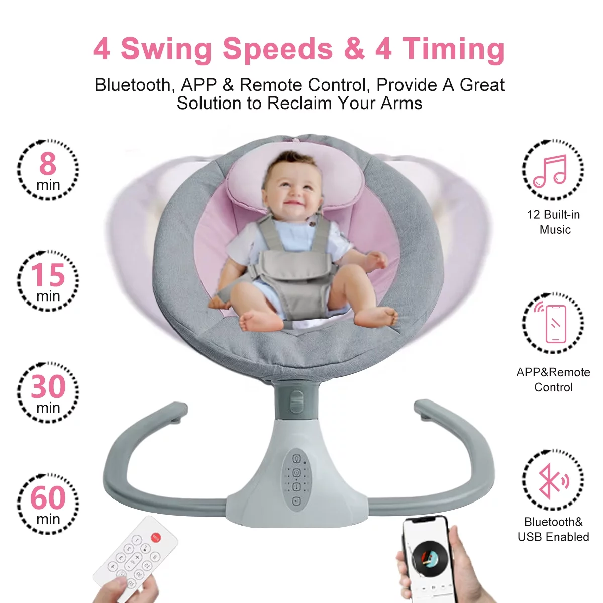 SIMANLI Electric Baby Swing Chair, Infant Swing with Remote Control, Built-in Bluetooth, Soft Music, Sway in 4 Speeds, Seat Belt, Gifts (Pink)