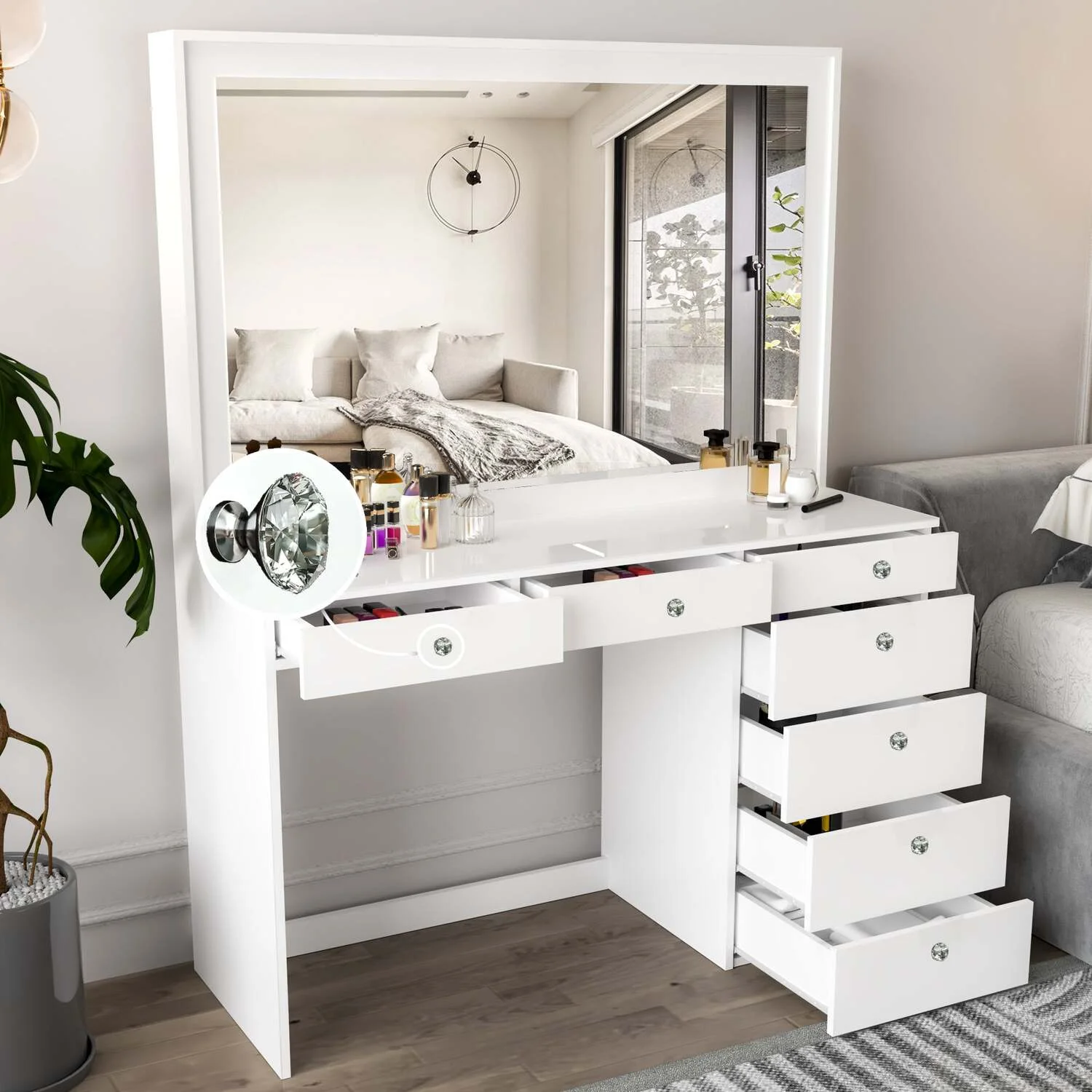 Boahaus Joan White Makeup Vanity Desk (Crystal Ball Knobs)