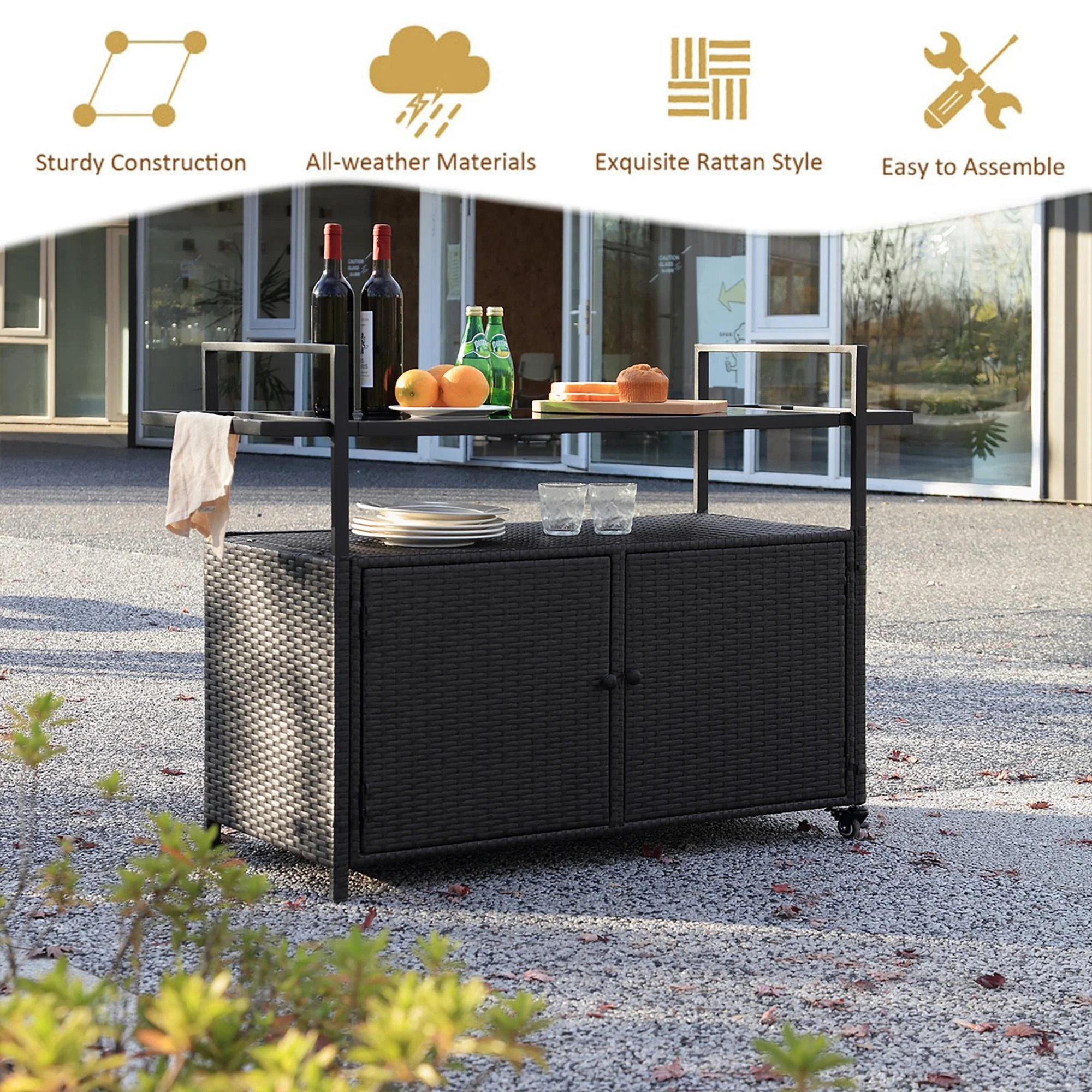 Glavbiku Portable Wicker Outdoor Bar Cart with Wheels,Patio Rattan Rolling Serving Cart,Black,35.4“H
