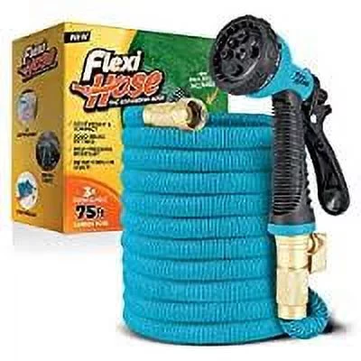 Flexi Hose Expandable Garden Hose | 75 FT No-Kink Flexible Hose | 3/4 Inch Solid Brass Fittings and Double Latex Core | 8 Function Nozzle (Blue)