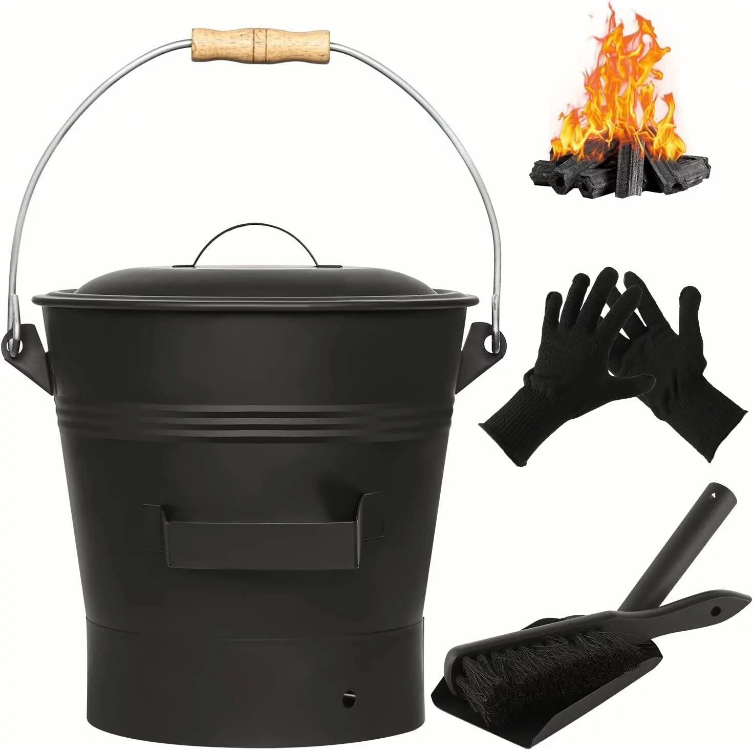 Fireplace Ash Bucket with Lid Shovel, Hand Broom and Gloves, 2.6 Gallon Charcoal