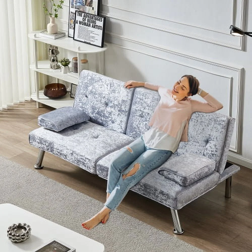 DremFaryoyo Convertible Sofa Bed Adjustable Couch Sleeper Modern Faux Leather Recliner Reversible Loveseat Folding Daybed Guest Bed  Removable Armrests  Cup Holders  3 Angles    Gray