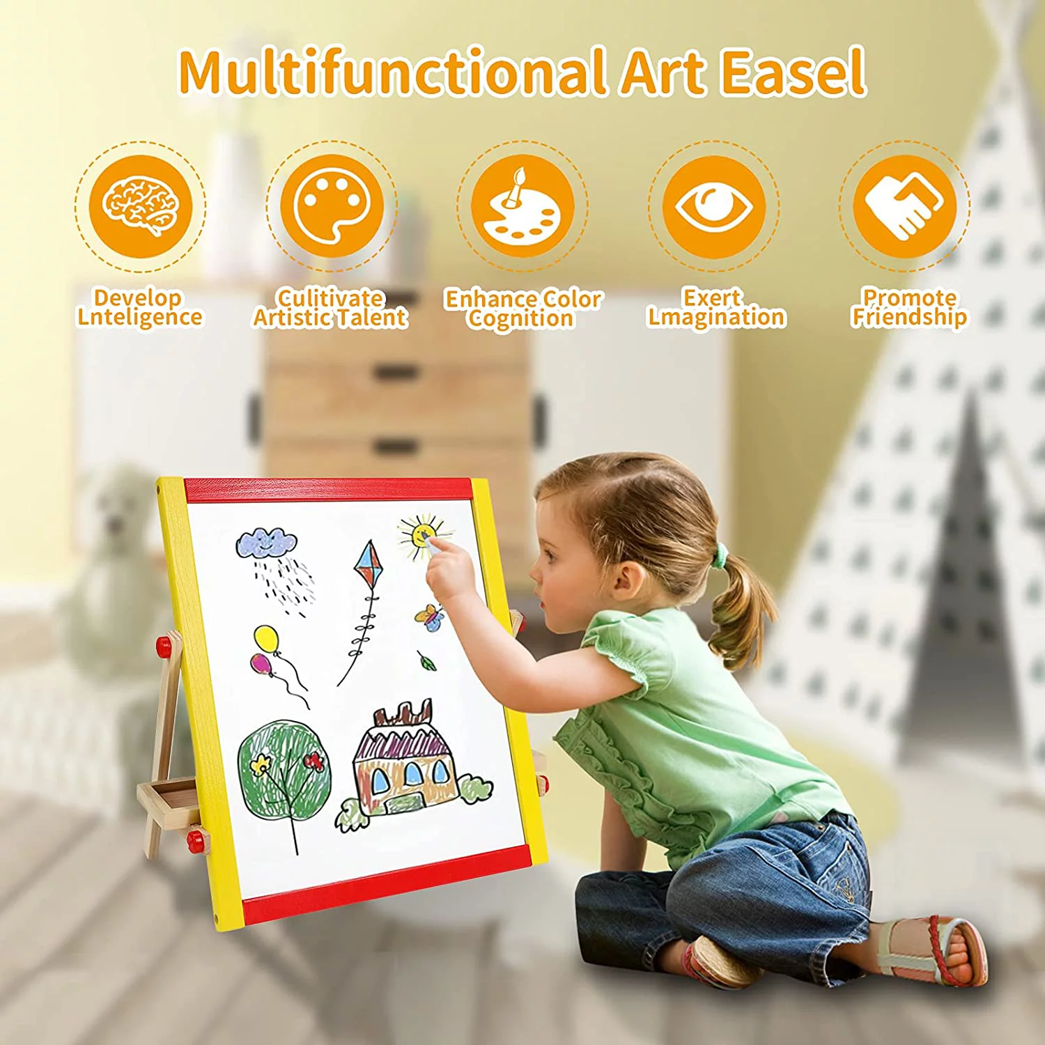 Wooden Easel for Kids, Tabletop Double-Sided Whiteboard & Chalkboard with Chalk, Toddler Toys Art Supplies For Girls Boys