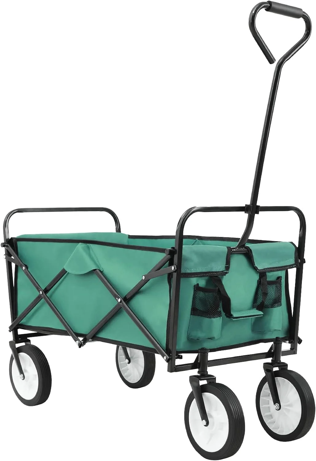 Wagon Cart,Beach Cart,Folding Cart With 360°Wheels Collapsible,Heavy Duty Outdoor Utility Wagon Cart With 2 Cup Pockets,Adjustable Handle,Collapsible Rolling Cart For Beach Camping Garden Yard,Green