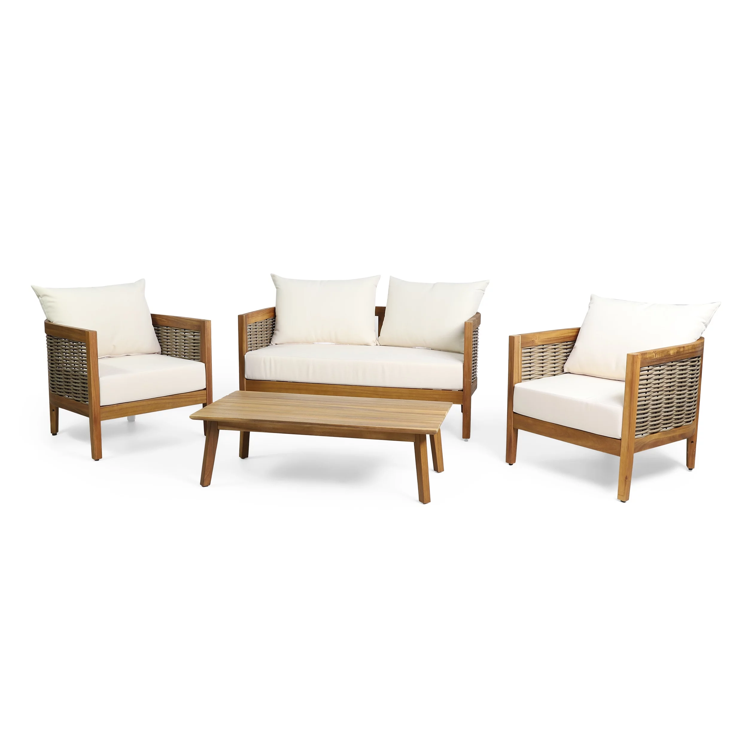 Morrow Outdoor Acacia Wood 4 Seater Chat Set with Cushions, Teak, Mixed Brown, and Beige