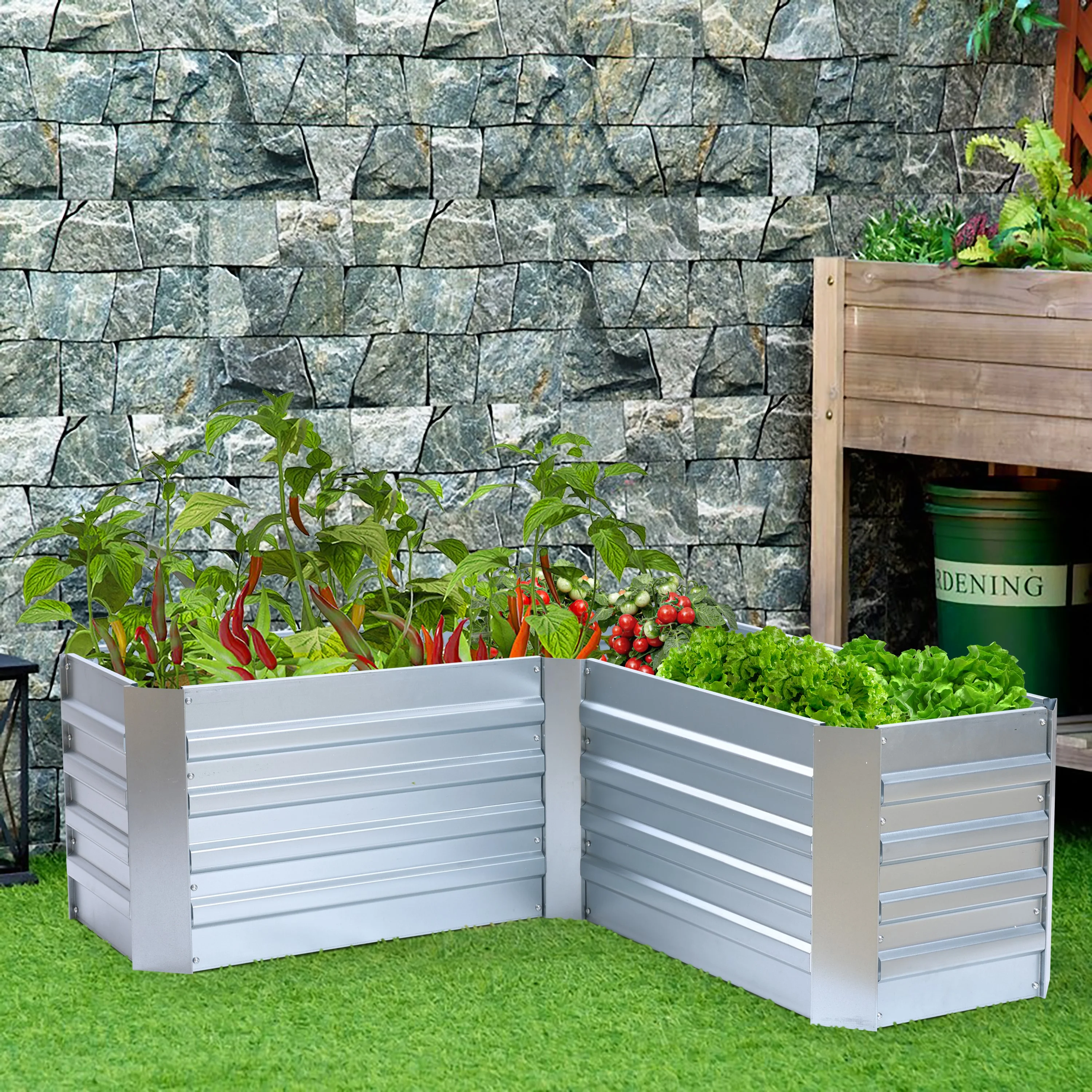 LuxenHome L-Shaped Galvanized Raised Garden Bed