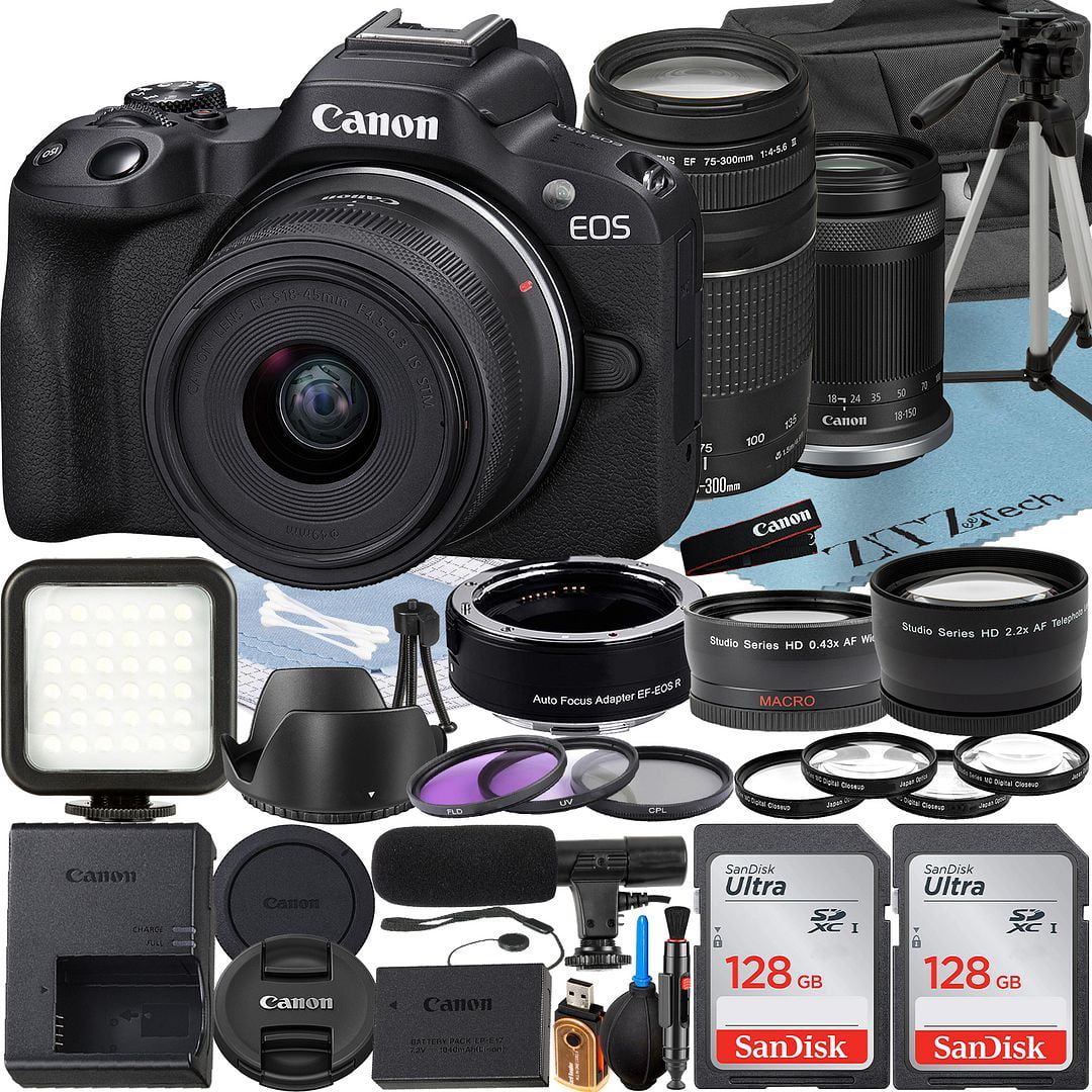 Canon EOS R50 Mirrorless Camera with RF-S 18-150mm + EF 75-300mm Lens + Mount Adapter + 2 Pack SanDisk 128GB Memory Card + Case + ZeeTech Accessory