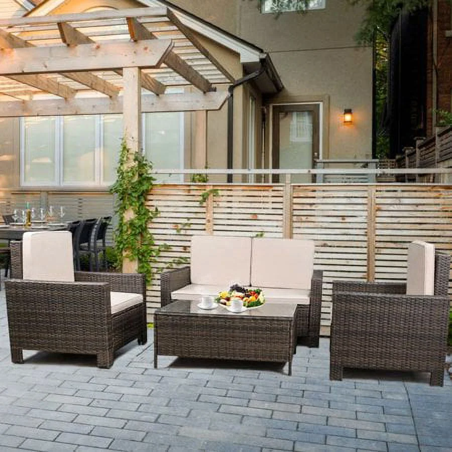 Outdoor Patio Sofa Set Sectional Furniture PE Wicker Rattan Deck Couch Sofa 4 PCS with Beige Cushions
