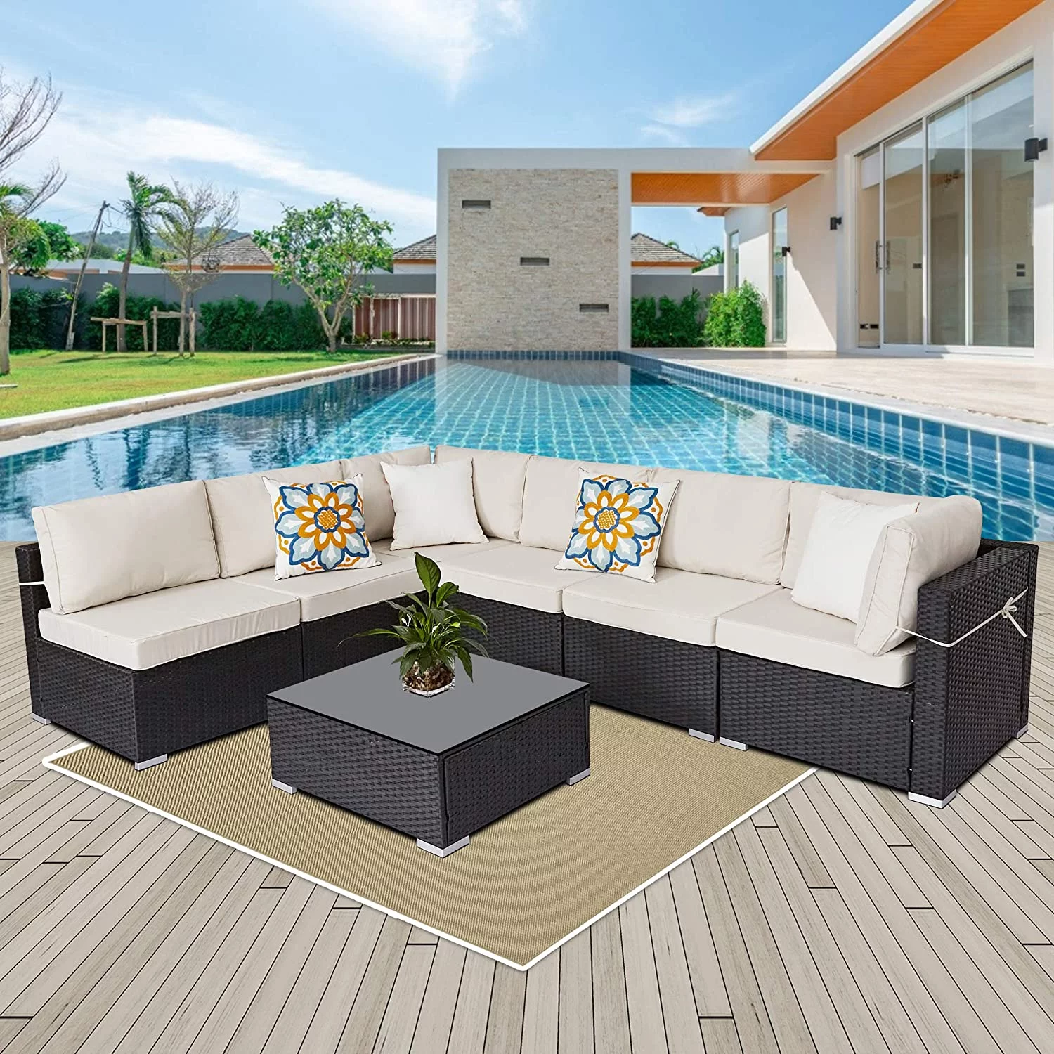 Superjoe 7 Piece Outdoor Patio Furniture Sets, All Weather Black PE Wicker Furniture Set, Patio Sectional Conversation Sofa Set with Coffee Table, Removable Warm Gray Cushions