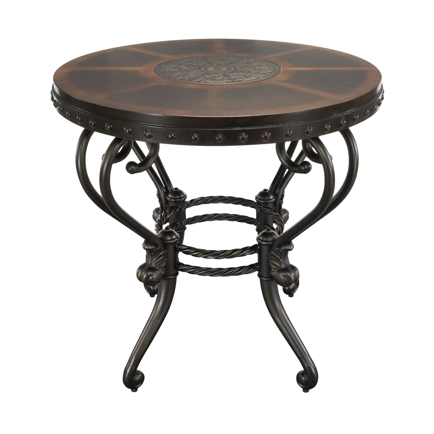 Elegant Traditional Round End Table with Decorative Top and Curved Metal Base  Dark Cherry Finish - Ideal Living Room Furniture Accent Piece for Formal Settings - 1pc
