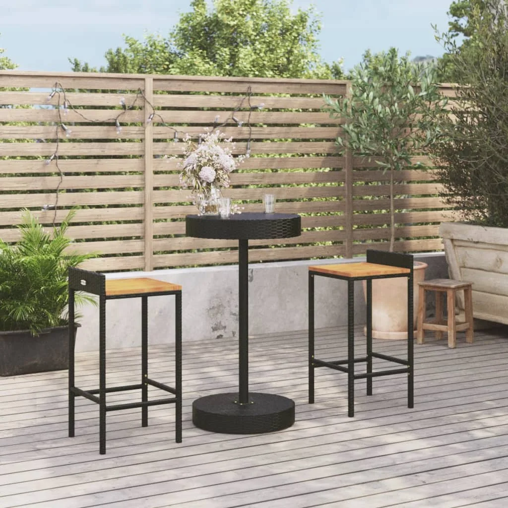 Dcenta 3 Piece Patio Bar Set Black Poly Rattan&Solid Wood Acacia