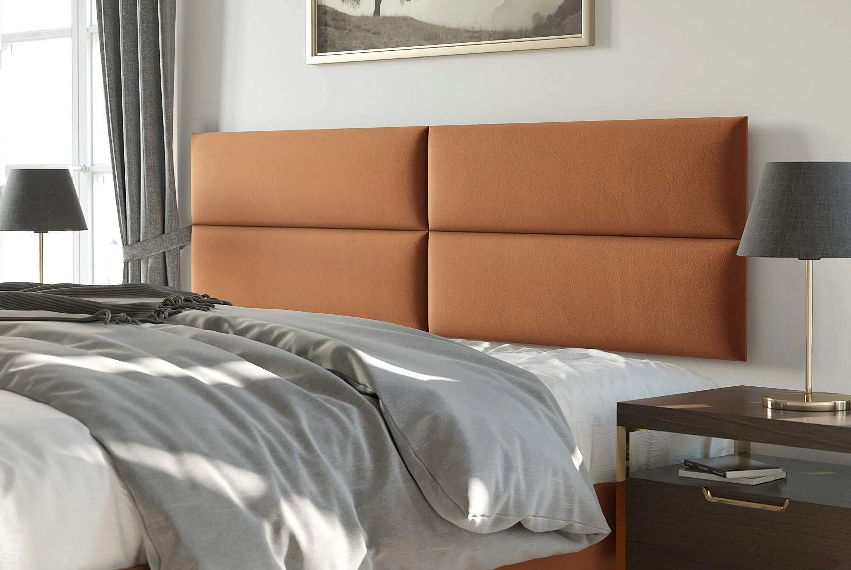 Upholstered Wall Panels - King/Cal King Size Wall Mounted Headboards - Plush Velvet Rust - Panel Size 39” Wide X 11.5” High, Pack Of 4 Panels