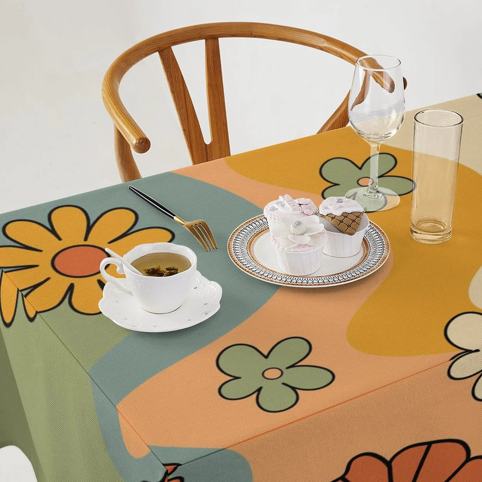 LAKIMCT 70S Themed Waves Floral Tablecloth for Holiday Birthday Party Table Decor, Flax Outdoor Table Cloth Rectangle Tables for Dining Room Banquet Farmhouse Tablecloths, 55