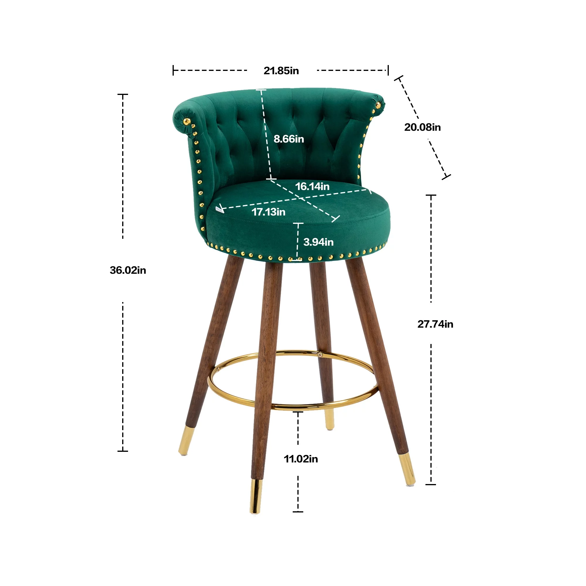 Upholstered Bar Stools, Tufted Counter Height Bar Stool Chairs with Solid Wood Legs Kitchen Island Padded Barstools with Nailhead Trim and Footrest High Chairs(Emerald,Set of 2)