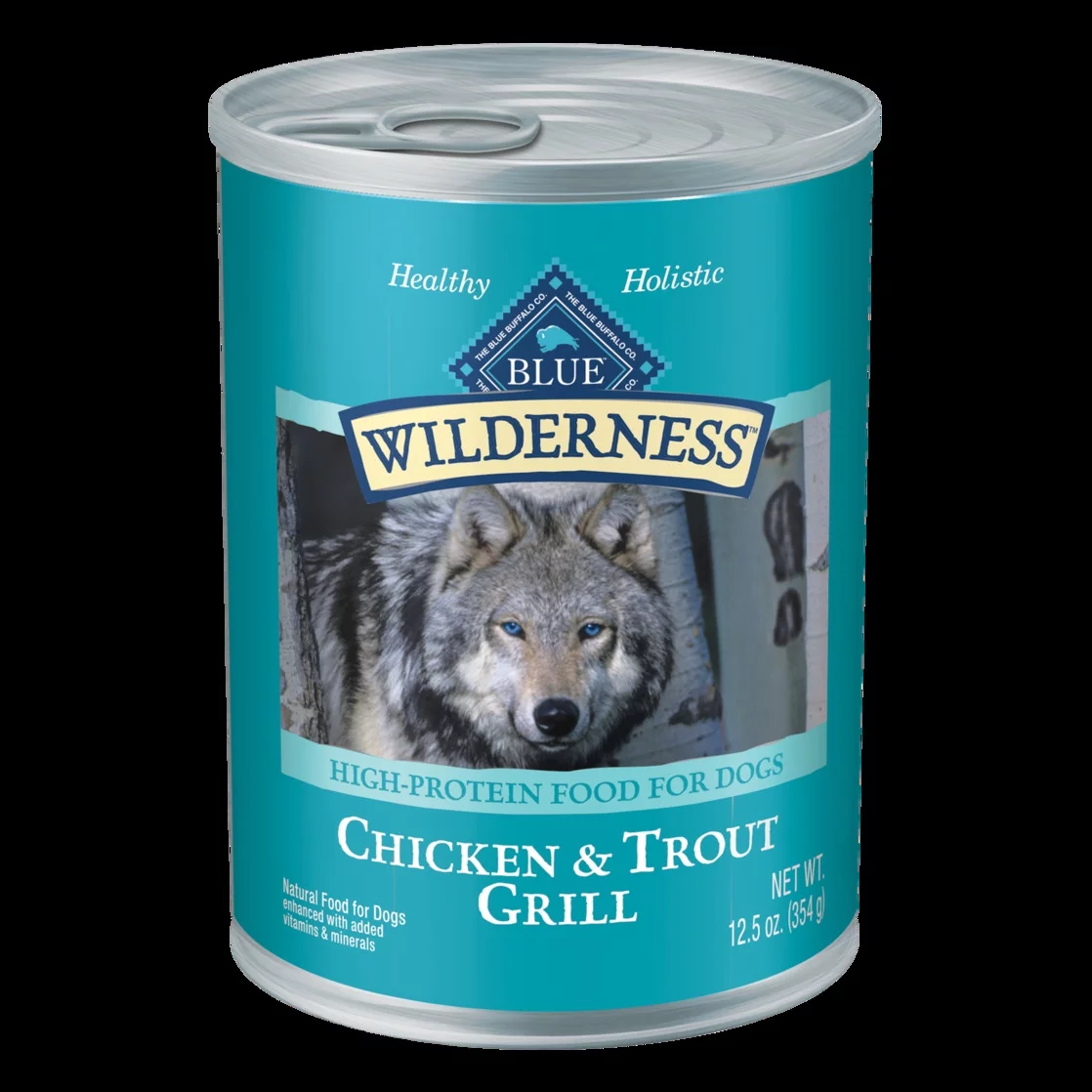 Blue Buffalo Wilderness High Protein Trout and Chicken Wet Dog Food for Adult Dogs, Grain-Free, 12.5 oz. Can