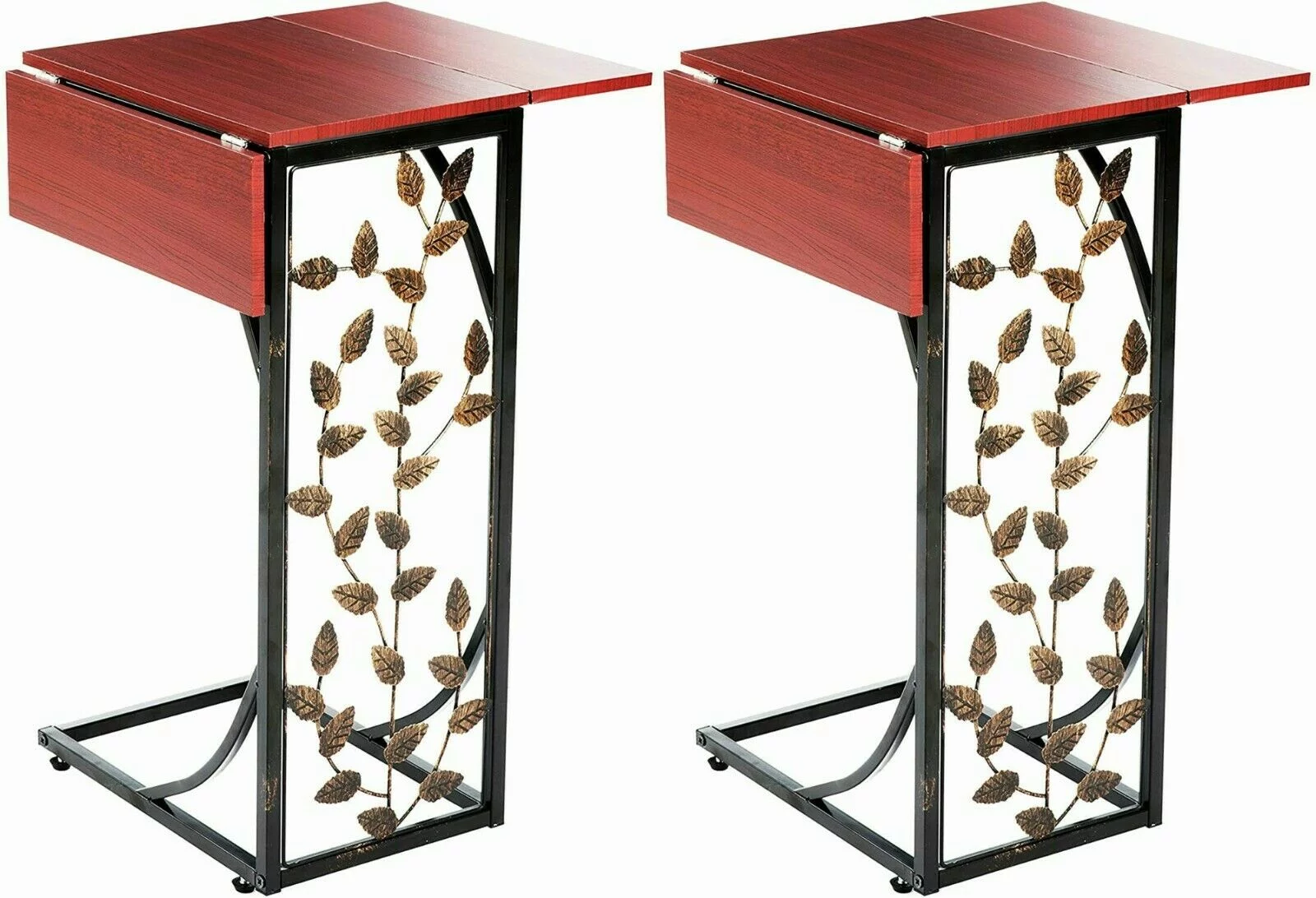 Sofa Side End Tables - Small Metal Leaf Design with Expandable Top - C-Shaped TV Tray Slides Up To Couch, Chair, Recliner to Keep Snacks, Drinks, Accessories at Easy Reach -Set of 2