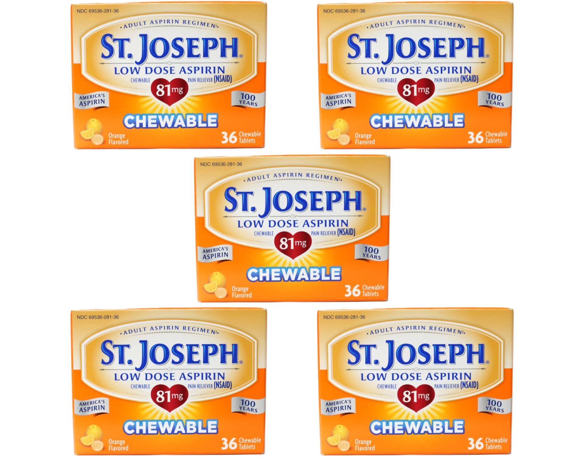 5 Pack St. Joseph Low Dose Aspirin Adult Aspirin Regimen 36 Chewable Tabs Each