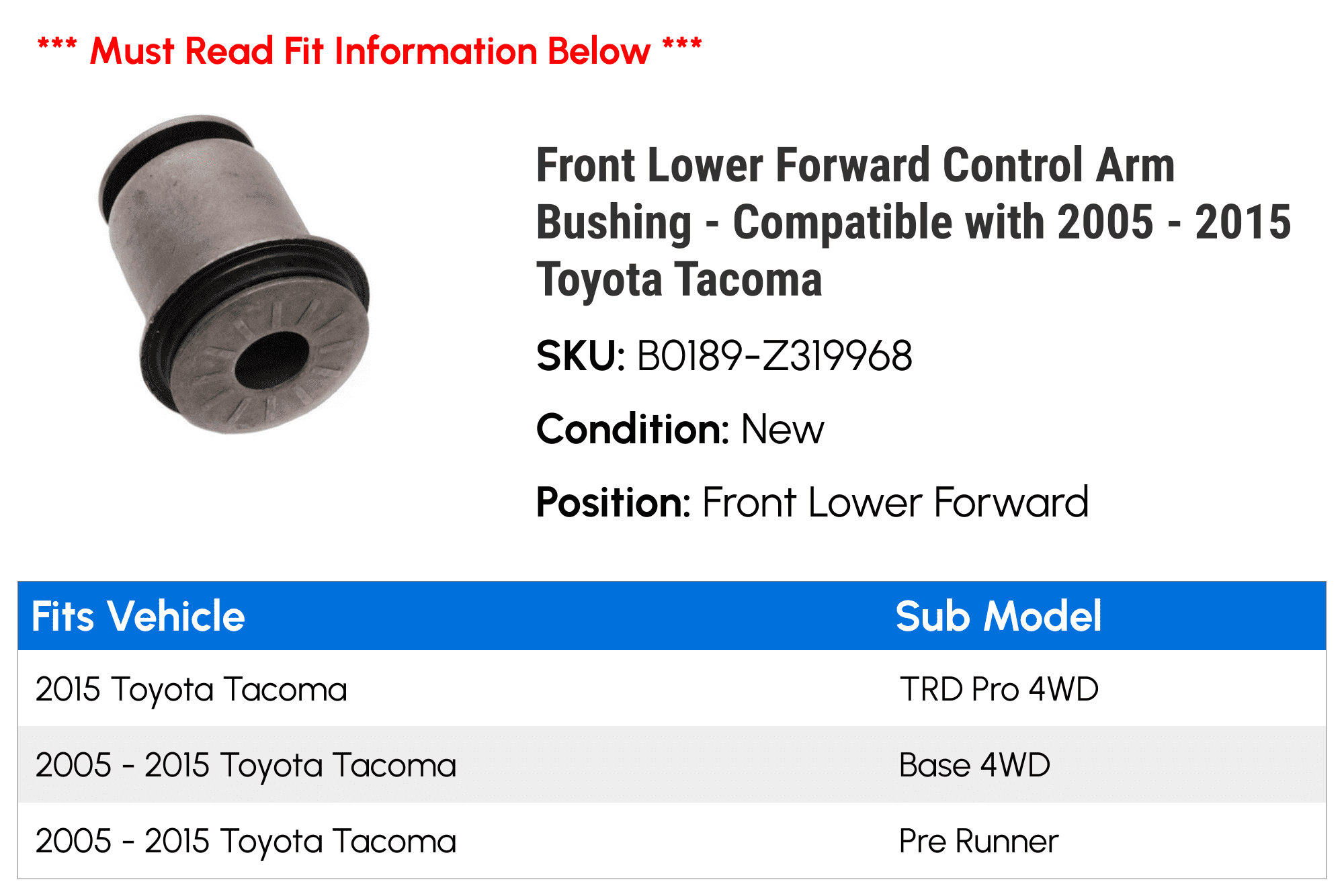 Front Lower Forward Control Arm Bushing - Compatible with 2005 - 2015 Toyota Tacoma 2006 2007 2008 2009 2010 2011 2012 2013 2014