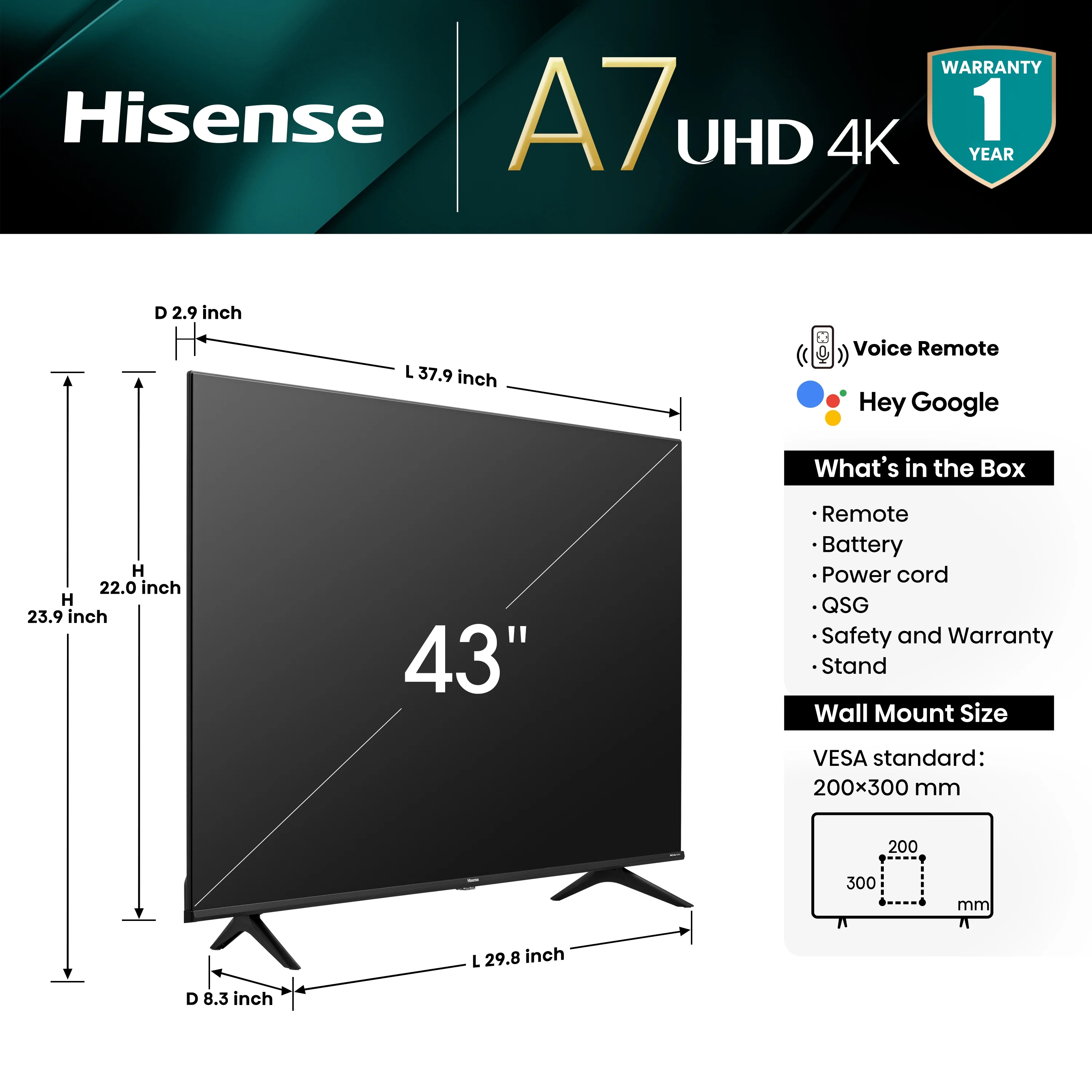 Hisense 43-Inch Class A7 Series Dolby Vision HDR 4K UHD Google Smart TV (43A7N)