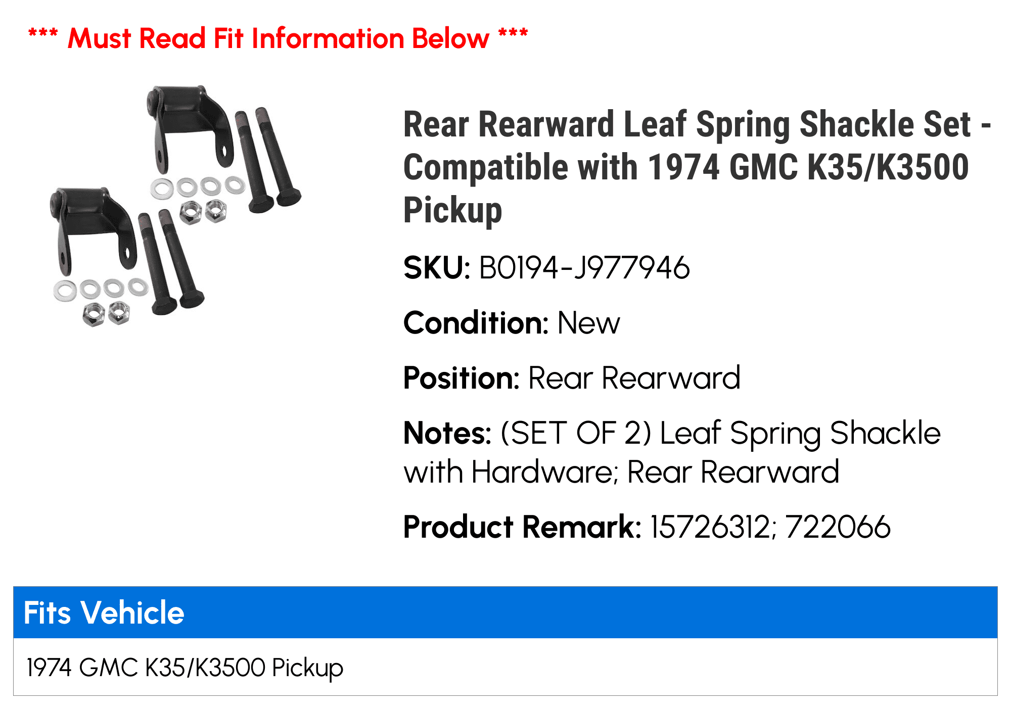 Rear Rearward Leaf Spring Shackle Set - Compatible with 1974 GMC K35/K3500 Pickup