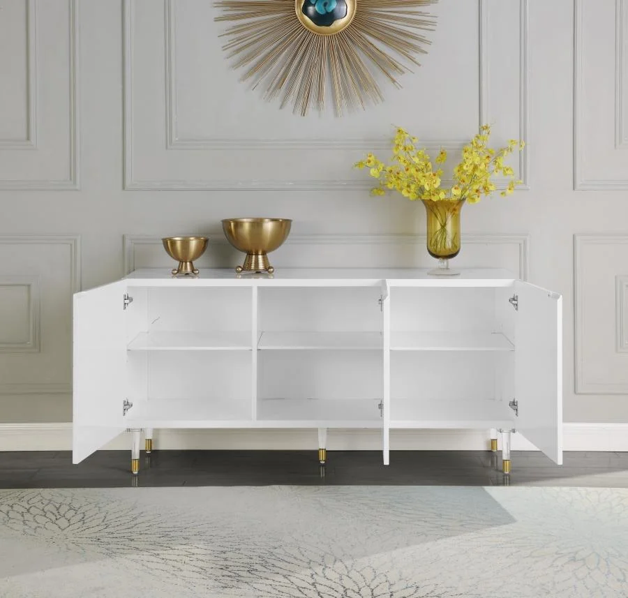 White Lacquer Sideboard/Buffet w/Acrylic Legs Meridian Furniture Starburst