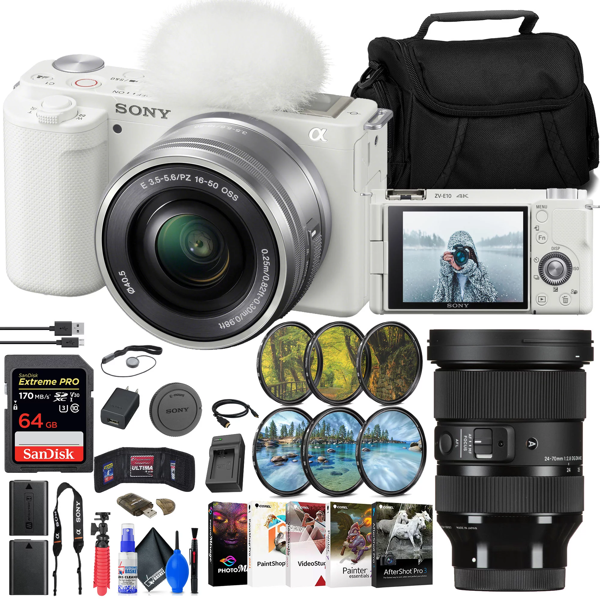 Sony ZV-E10 Mirrorless Camera with 16-50mm Lens (White) (ILCZV-E10L/W) + Sigma 24-70mm f/2.8 Lens (578965) + 64GB Memory Card + Filter Kit + External Charger + NPF-W50 Battery + Card Reader + More