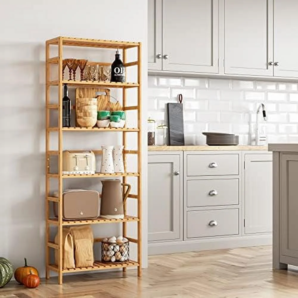 RSJIWOGZ 6-Tier     Bookcase with Adjustable Shelves  Free Standing   Unit  Plant Flower Stand for Kitchen  Bathroom  Home Office  Natural