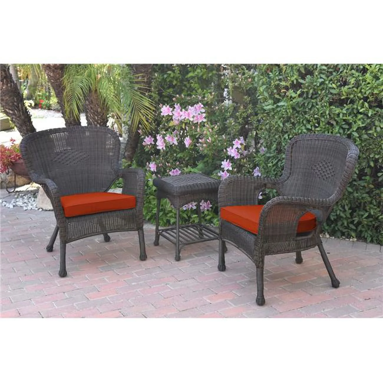 Jeco W00215-2-CES018 Windsor Espresso Wicker Chair & End Table Set with Brick Red Cushion