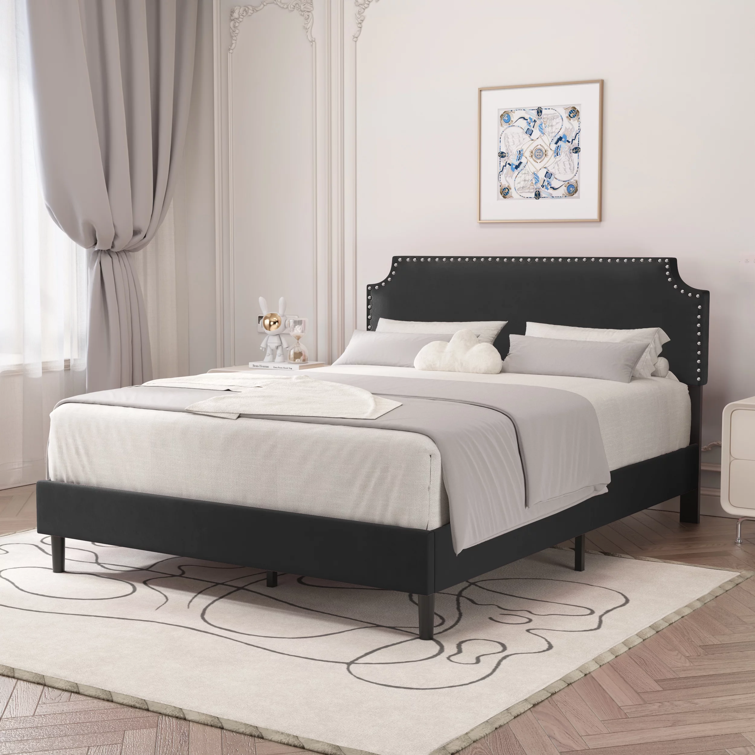 alazyhome Nailhead Trim Upholstered Queen Bed Frame, Suitable All Ages, Black
