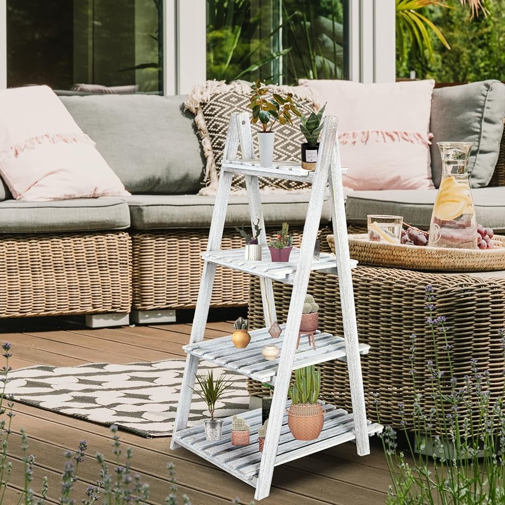 CHNBVC 5-Tier Wooden Ladder   Ladder Bookshelf   Rack Shelves  Wall  Flower Stand  Room  Plant  Indoor  Stand  Rack  Wood Frame for Office and Home