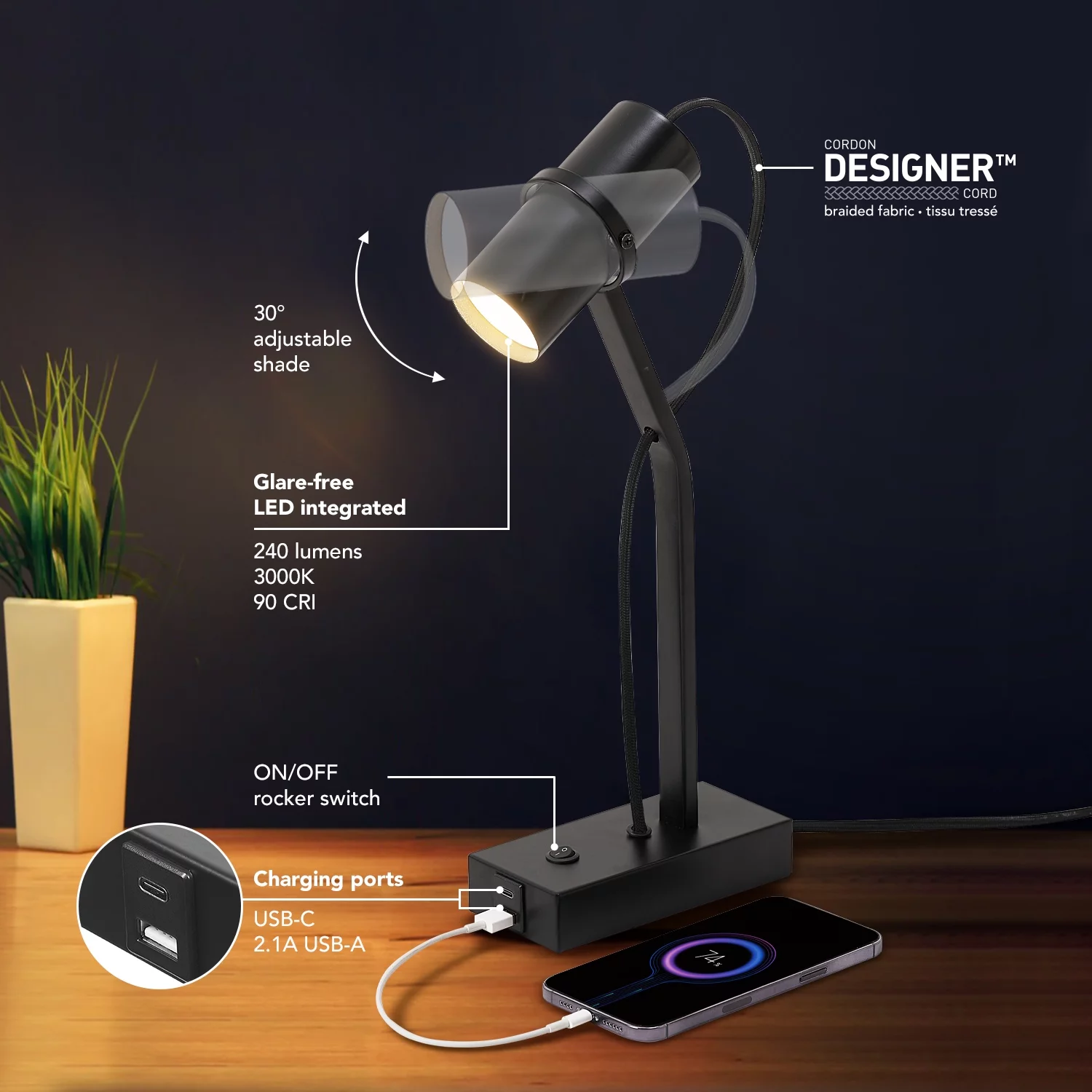 Globe Electric LED Desk Lamp with Matte Black Shade, 91002621