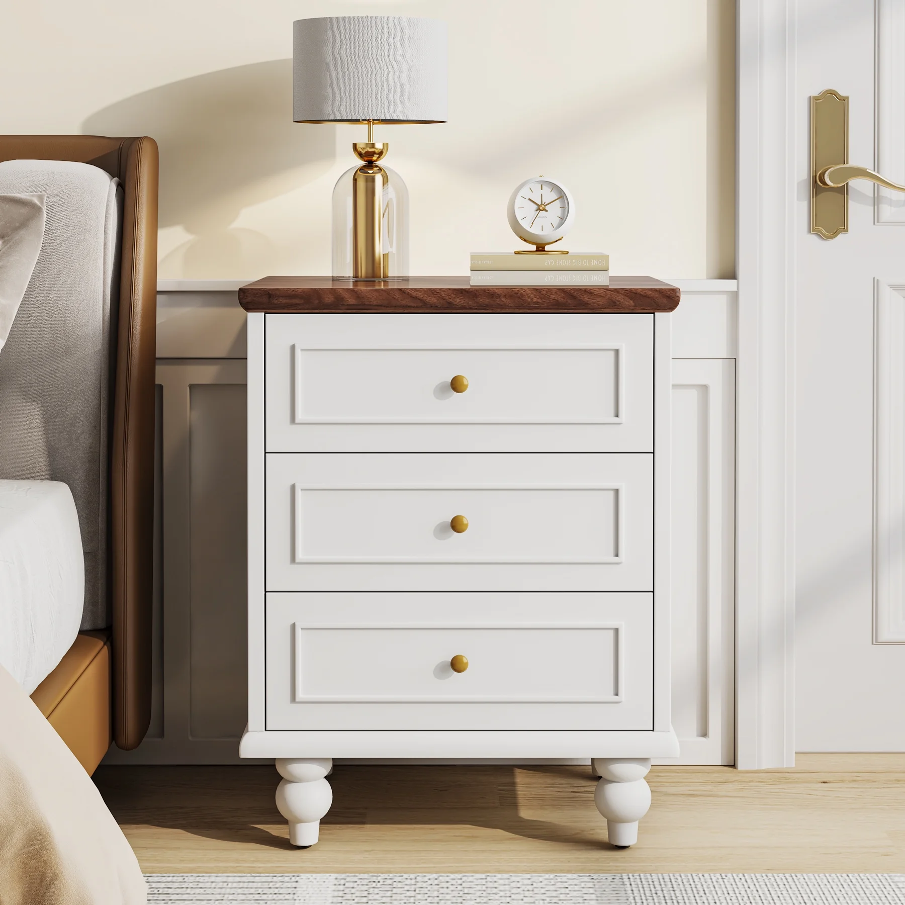 3-Drawer White Nightstand Bedside Table with Solid Wood Legs