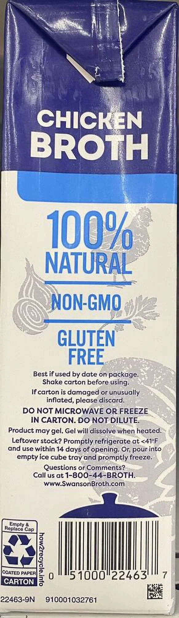 Chicken Broth 100% Natural UNSALTED GLUTEN FREE - 32 oz Carton 2 Lbs