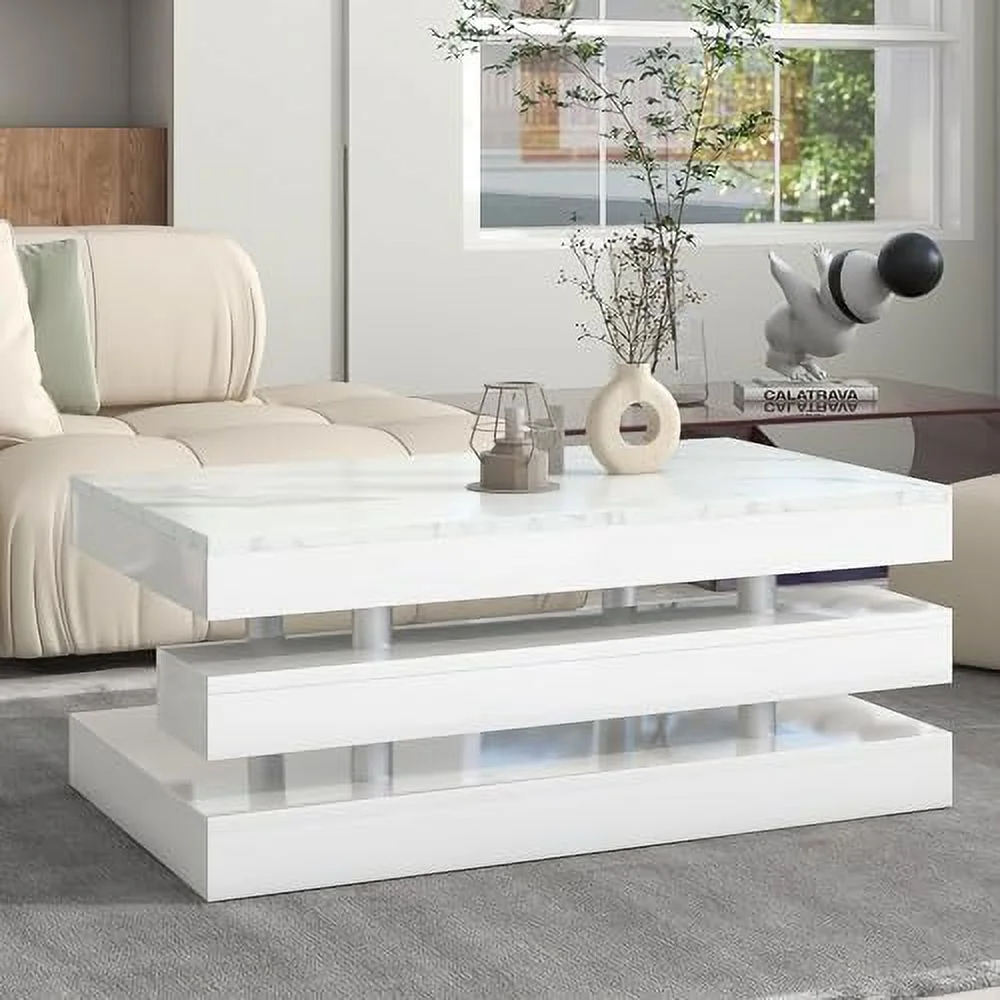 TQNJYGX 2-Tier Rectangular Coffee Table with Tempered Glass  Modern Cocktail Table with High-Gloss UV Surface  Minimalist Design Center Table for Living Room-Black