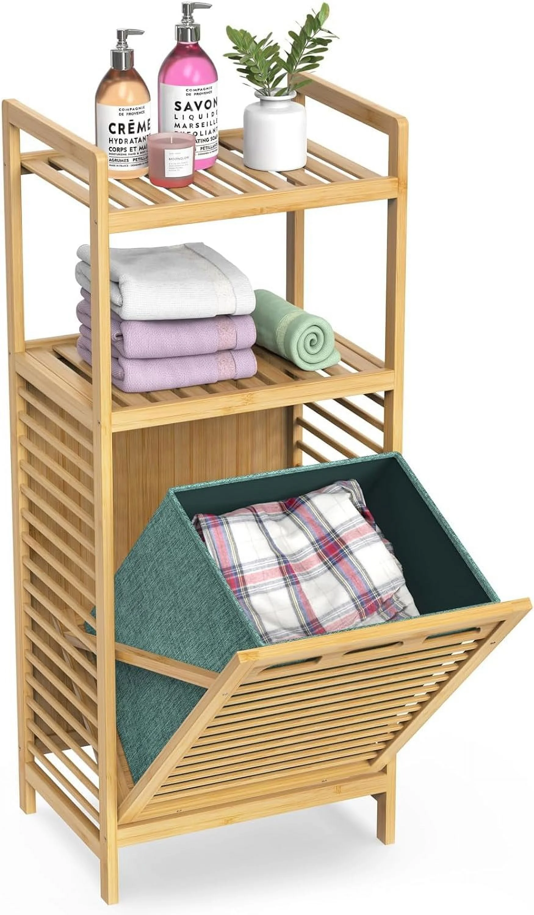 Tilt Out Laundry Hamper, Bamboo Laundry Hamper with Storage Shelves & Clothes Basket, 2 Tier Freestanding Laundry Shelf for Guest Bathroom Laundry Room, Natural (2-Tier)