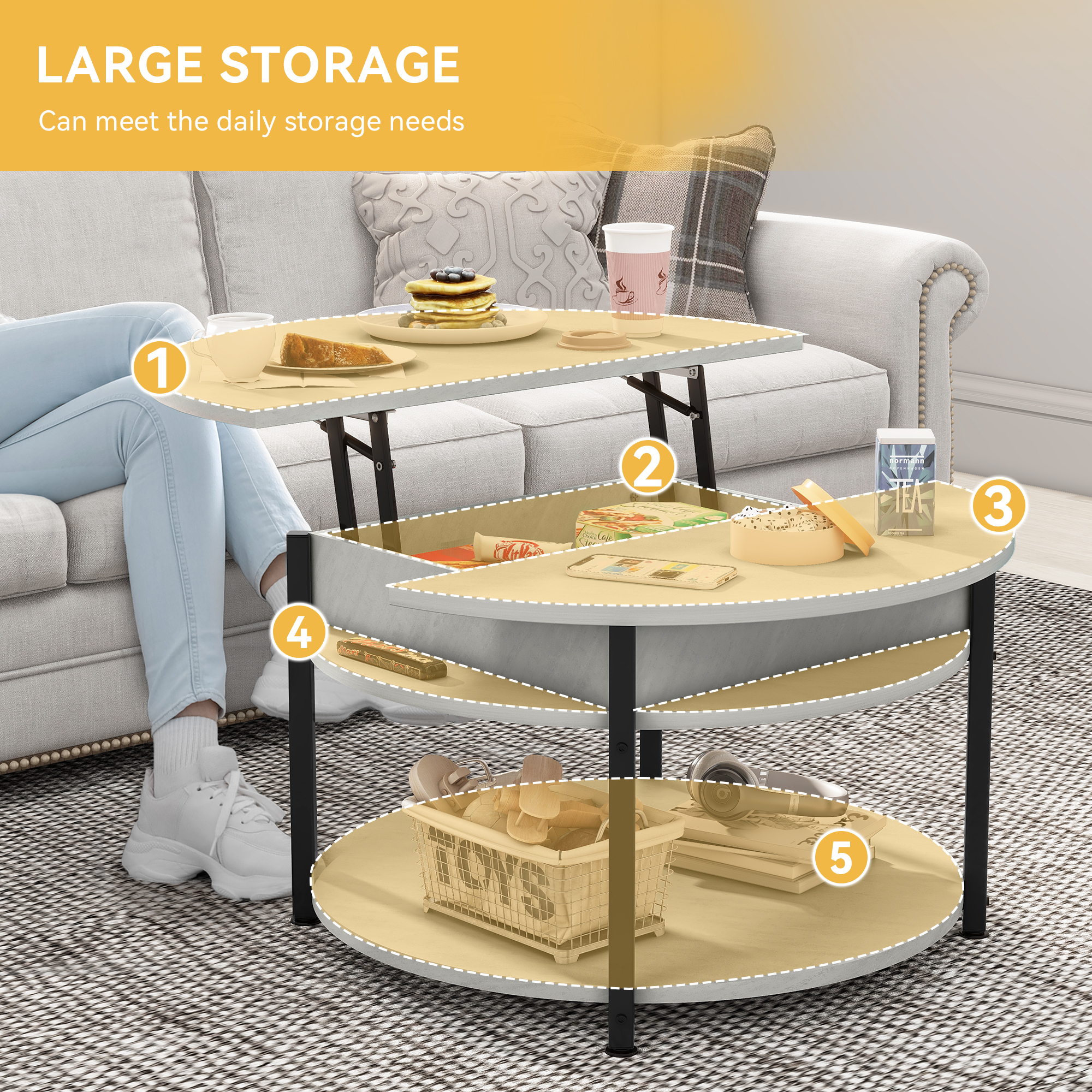 Dextrus Round Coffee Table with Storage, Lift Top Coffee Table with Hidden Compartment, Modern Coffee Table for Home Office Living Room, Gray