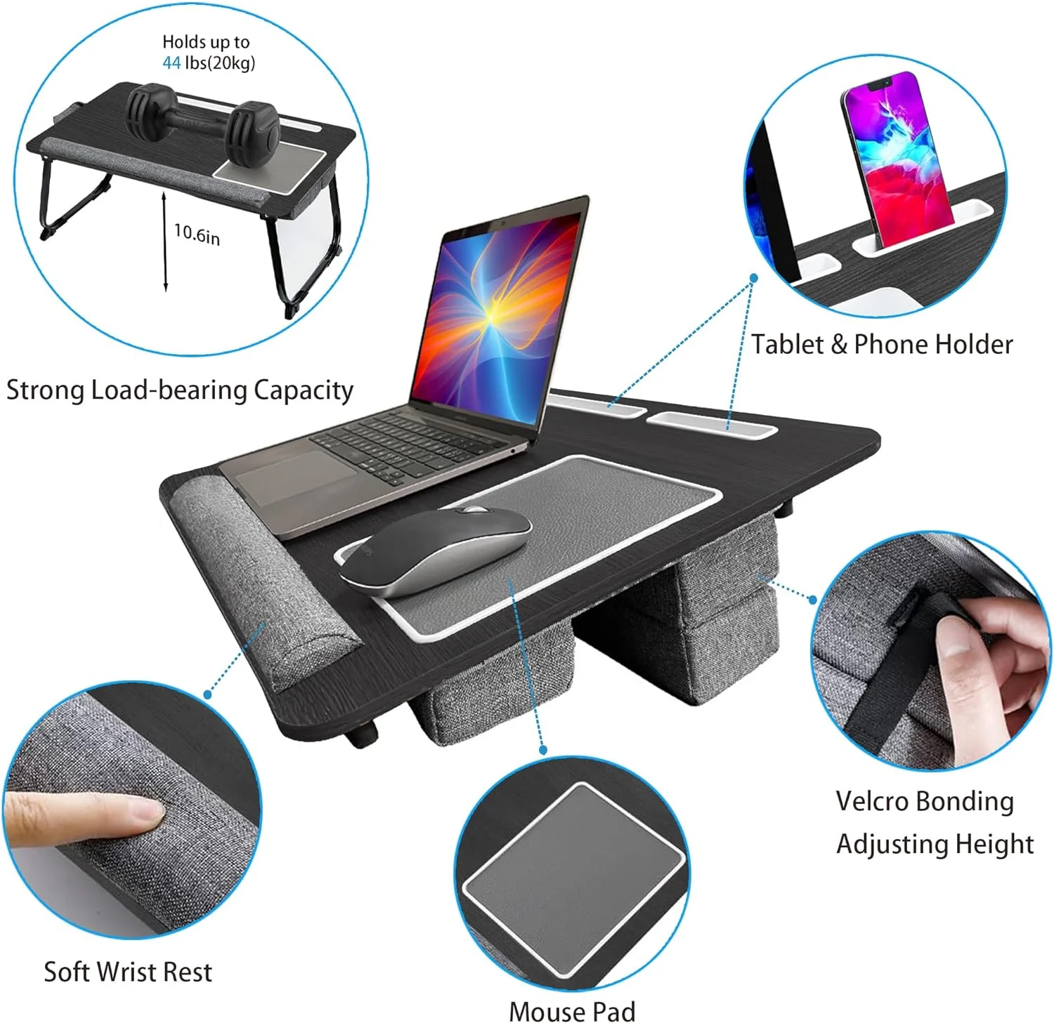 Lap Desk - Large Bed Desk,17In Foldable Laptop Bed Tray Table with Adjustable Dual Cushion Wrist Rest & Mouse Pad,Portable Wood Laptop Stand for Bed Sofa,Multifunctional Slot for Tablet & Phone