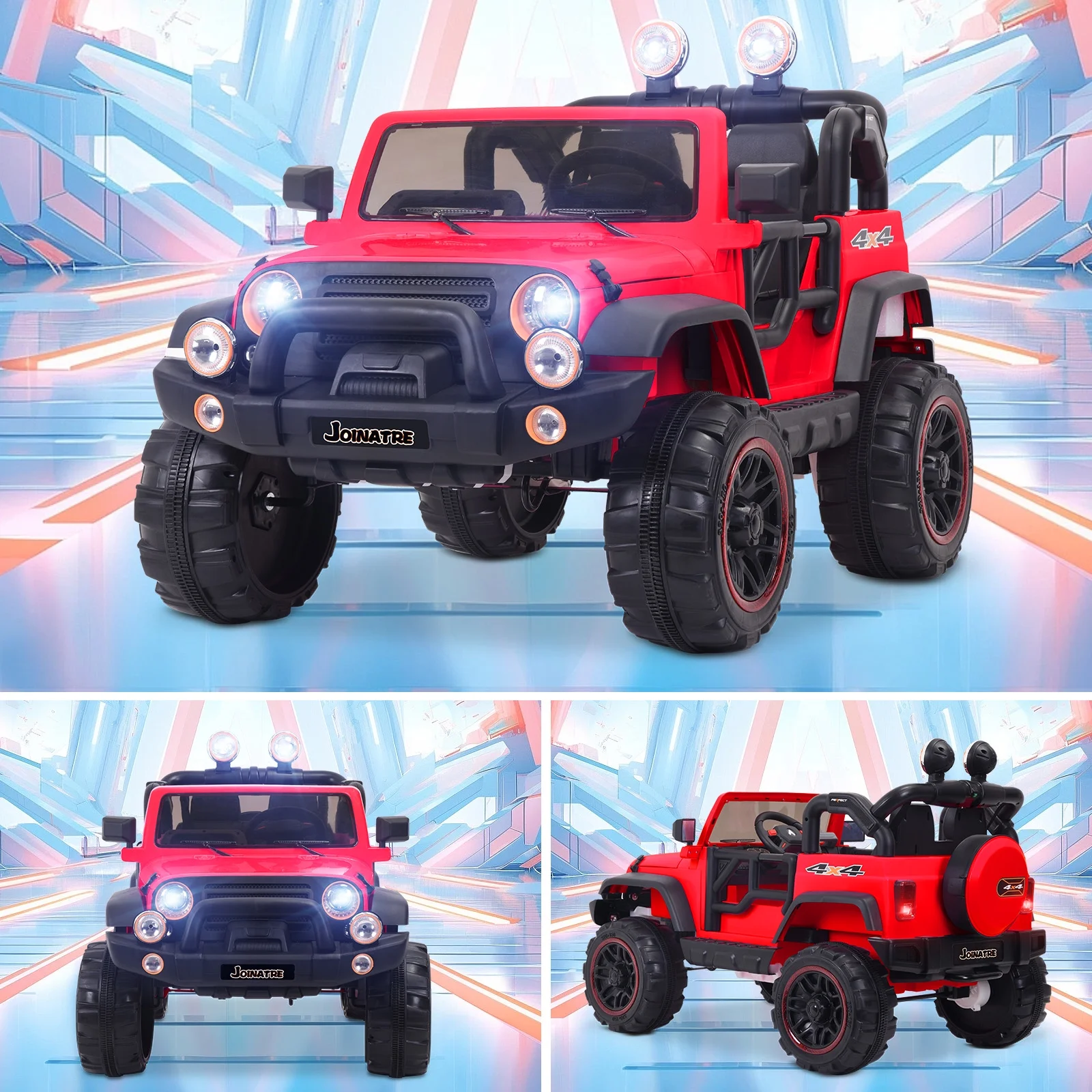 JOINATRE 24V 2 Seater Kids Ride On Truck with Car Cover, 4WD Battery Powered Electric Car with Remote Control, 3 Speed, Soft Braking, LED Lights, Music, Spring Suspension, Red