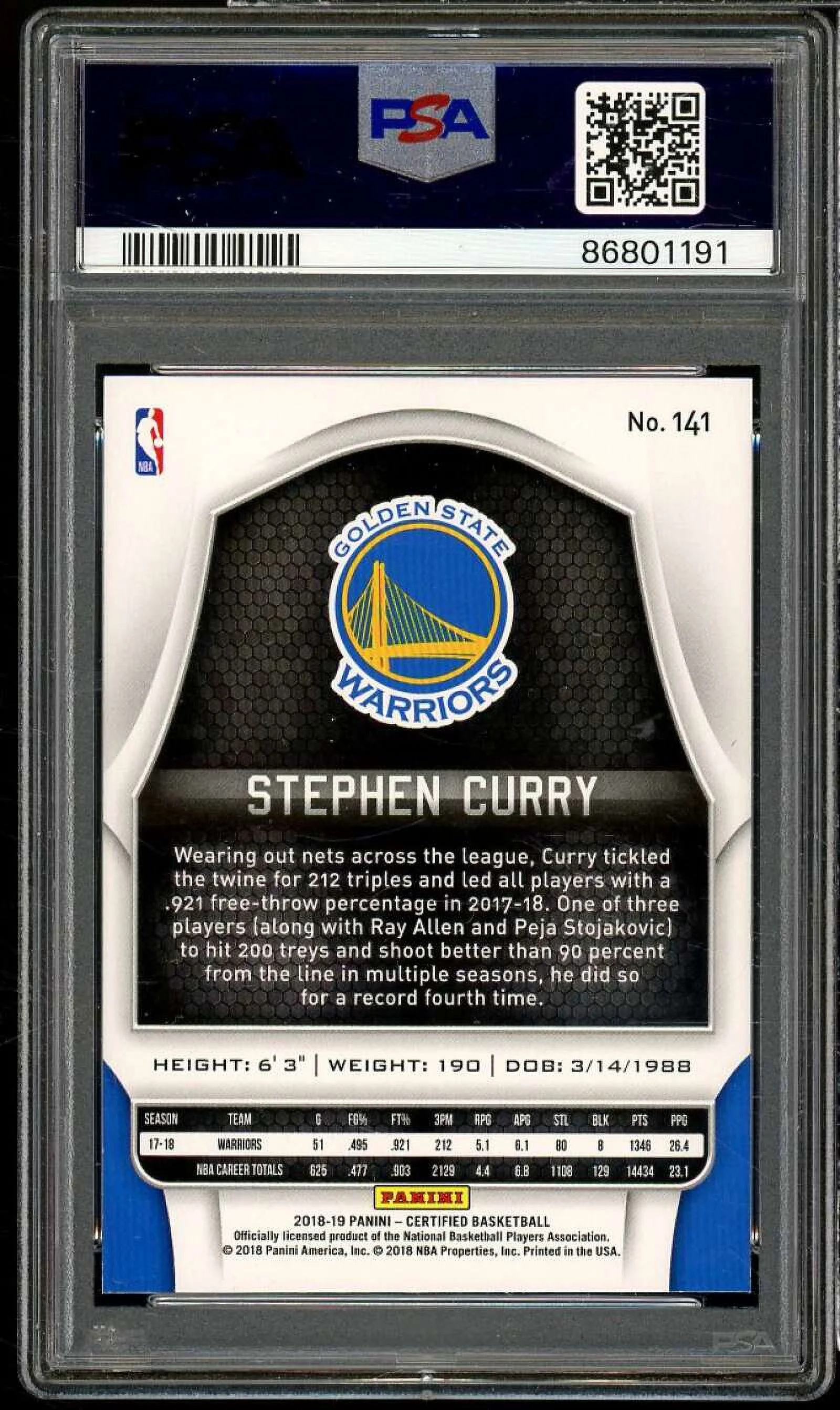 Stephen Curry Card 2018-19 Panini Certified Mirror Red (pop 1) #141 PSA 10