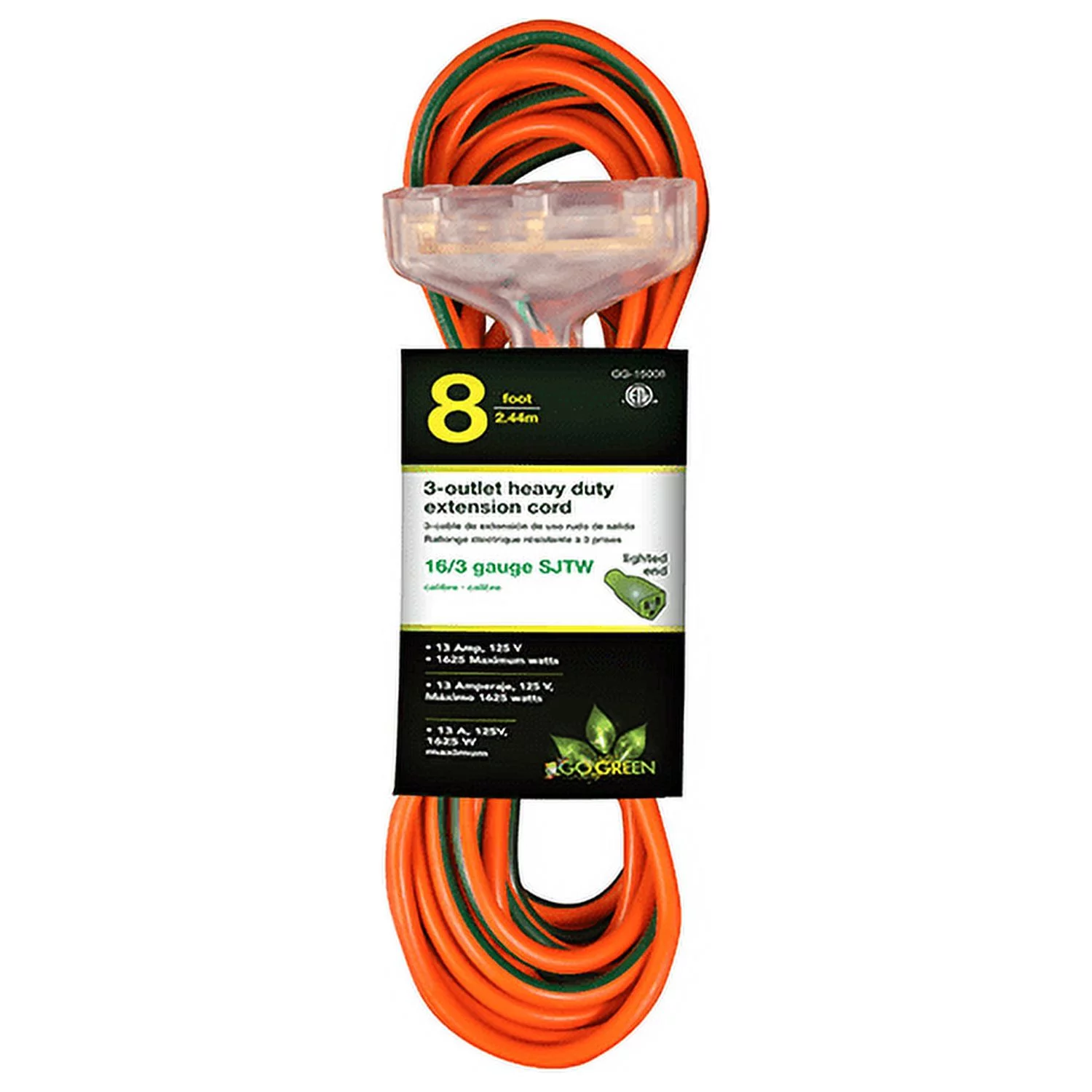 GoGreen Power 16/3 8' 3 Outlet Heavy Duty Extension Cord - Lighted End