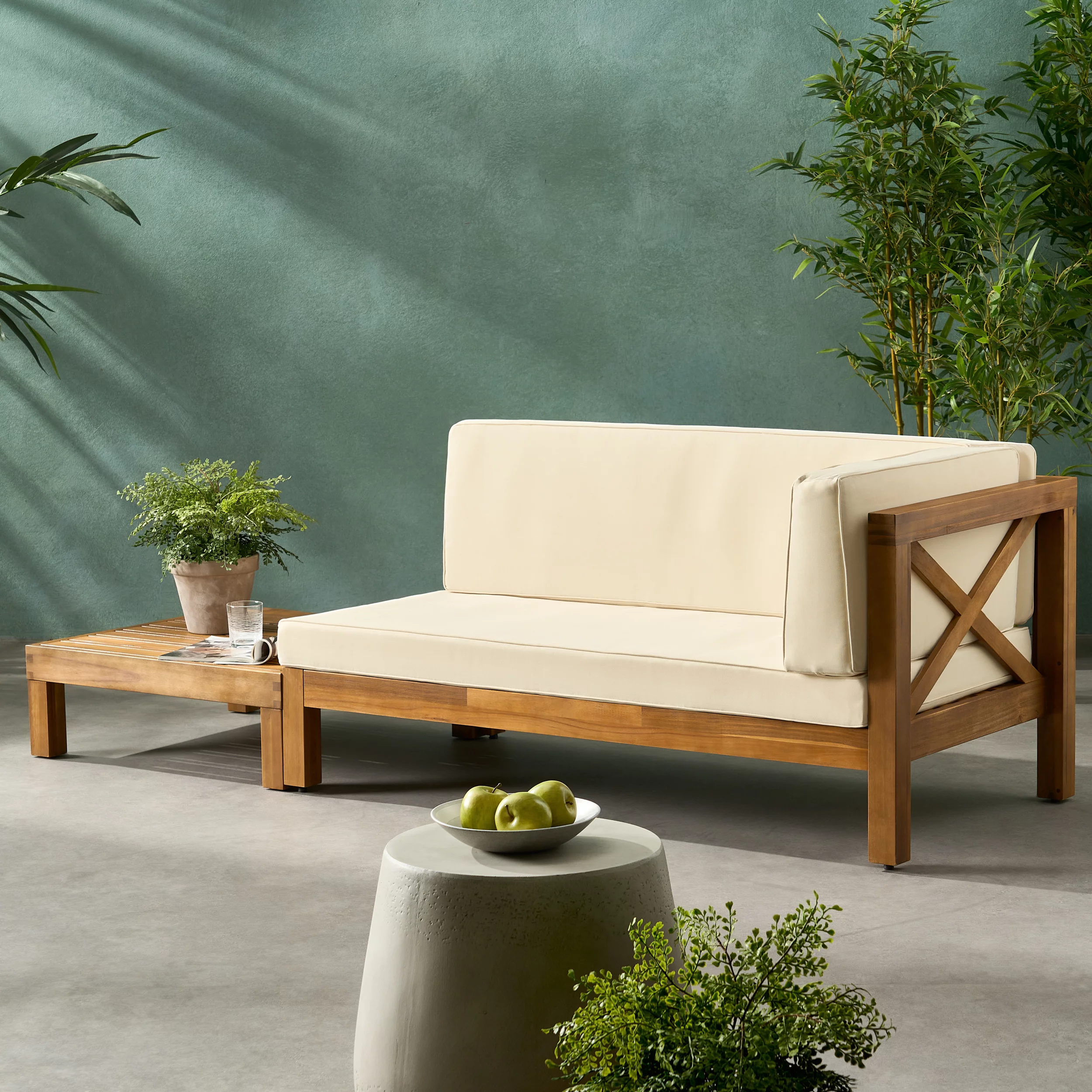 GDF Studio Keith Outdoor Acacia Wood Right Arm Loveseat and Coffee Table Set with Cushion, Teak and Beige