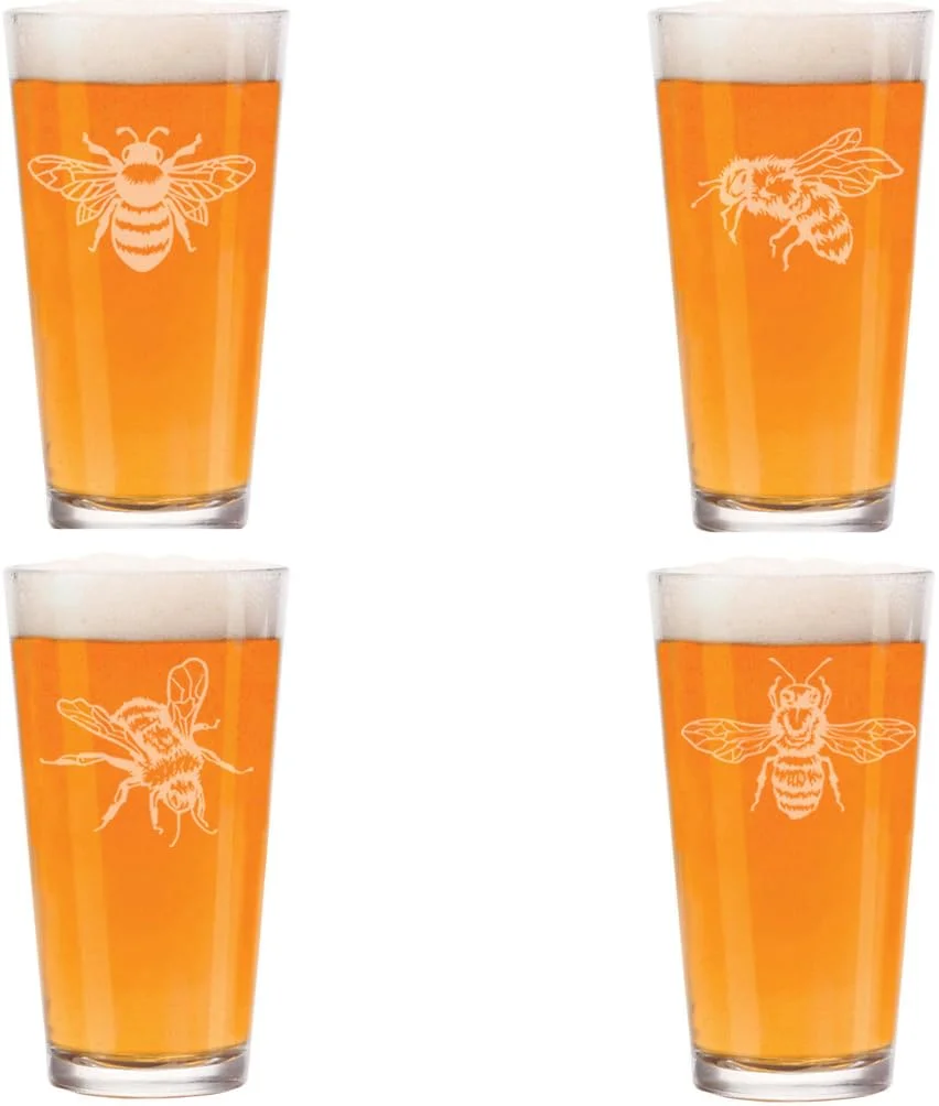 MIP 16 oz Beer Pint Glass Gift Set Of 4 Honey Bee Collection