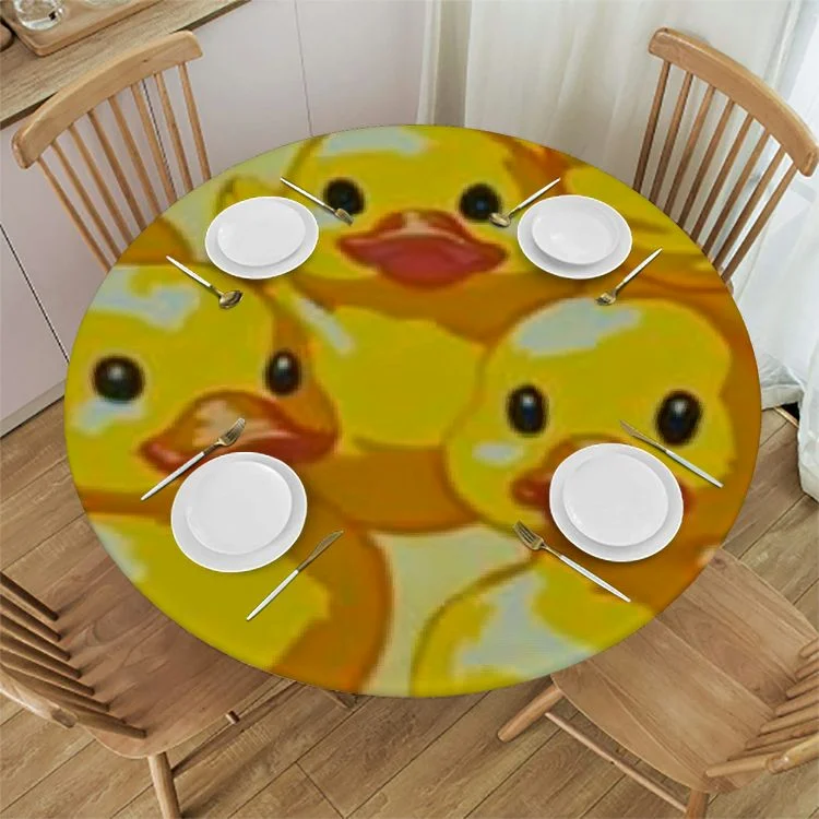 Cmefzd Cute Rubber Ducks Tablecloth with Elastic Edge, Round Table Cloth Yellow Cartoon Ducky Washable Reusable Table Cover for Kitchen Dining Party Picnic, Medium White