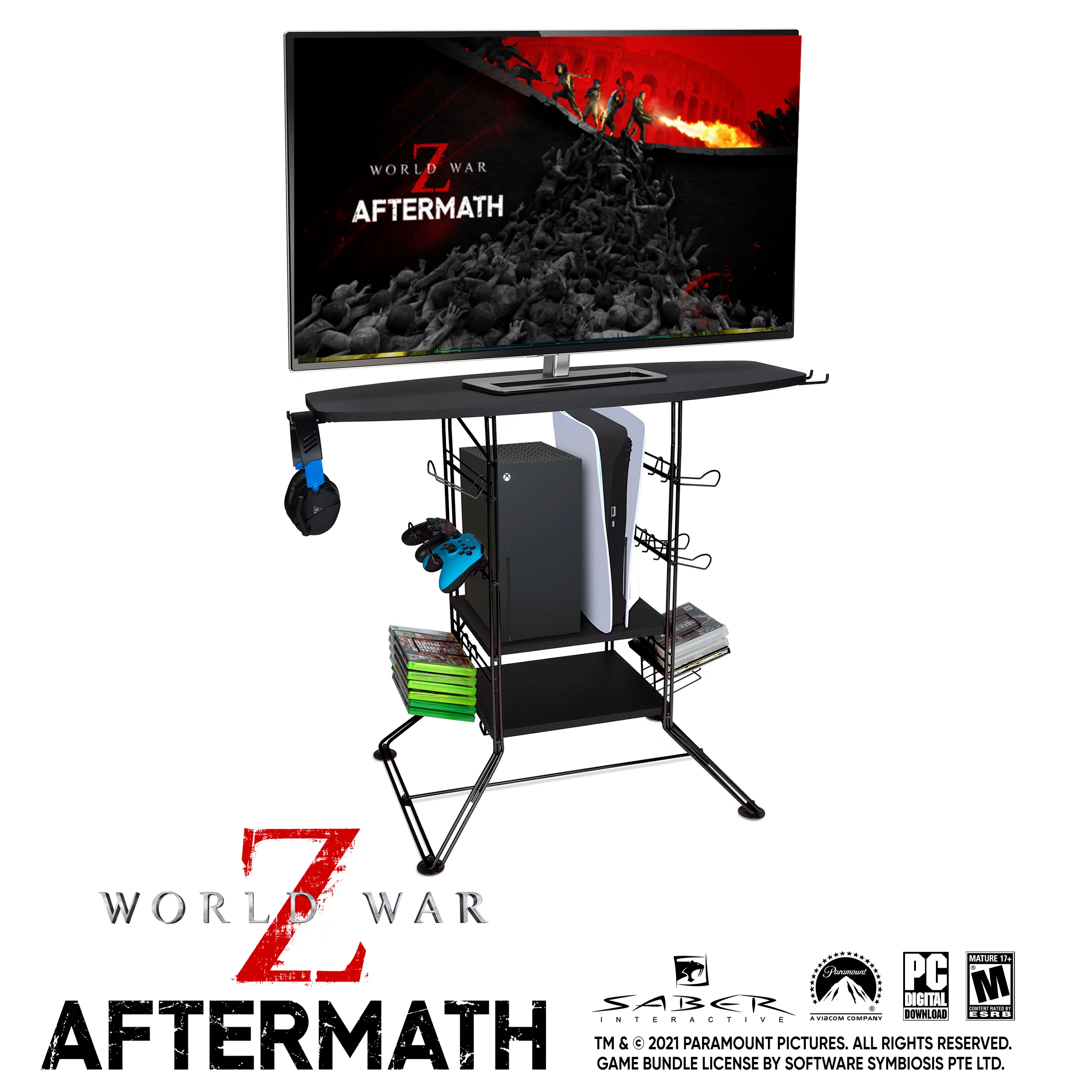 Atlantic 45506170 Centipede XL Game Storage Stand (Black) & CyberPower HT706UC Home Theater Surge Protector free World War Z Aftermath